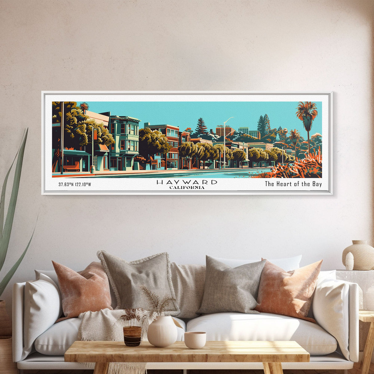 Hayward California Panoramic Painting, Framed Canvas Print, Mid Century Modern Wall Art, Retro Pop Art Travel Poster, Cityscape Decor, Office Wall Art, Home Decor