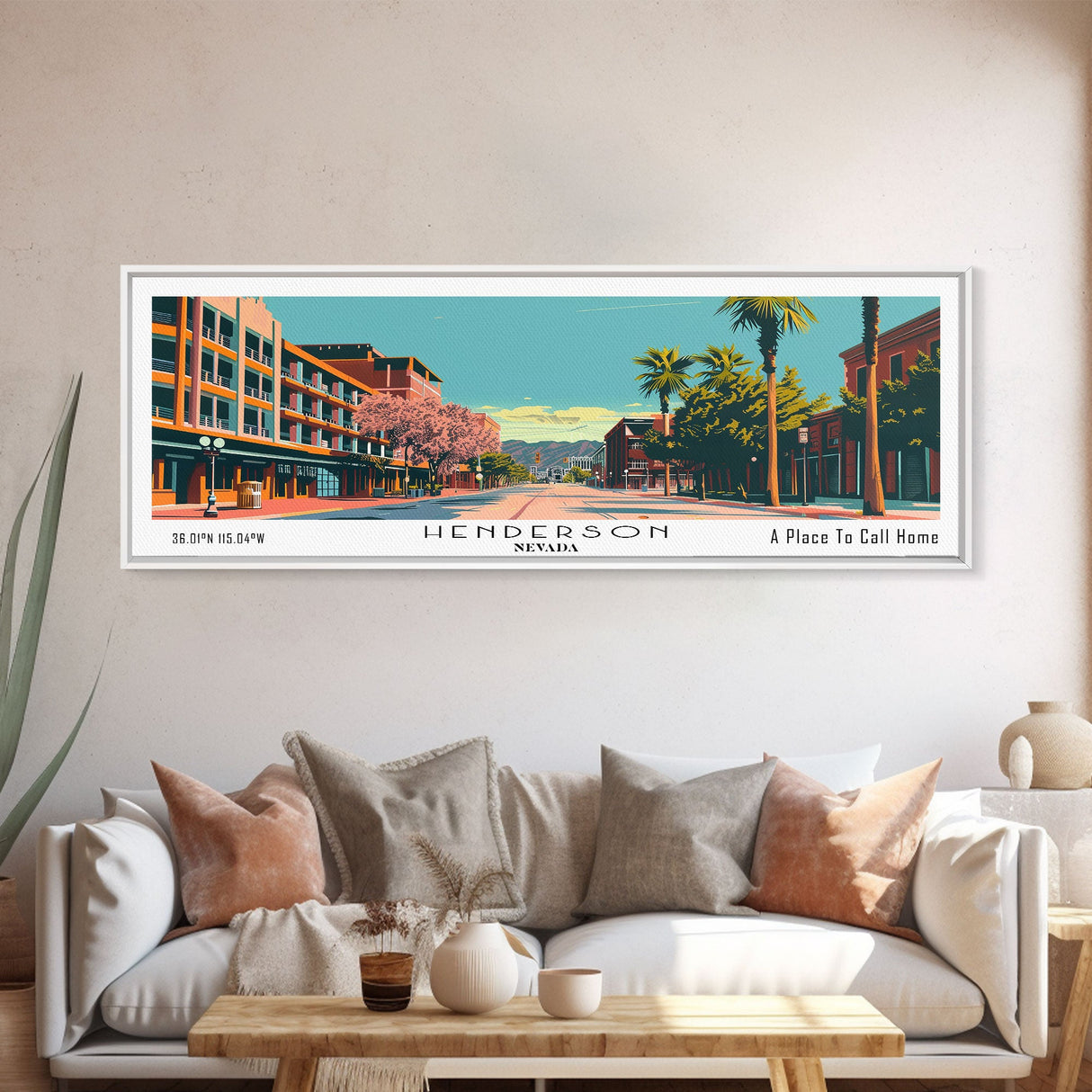 Henderson Nevada Panoramic Painting, Mid Century Modern Framed Canvas Print, City Art, Retro Pop Art Travel Poster, Living Room Decor, Home Office Art, Cityscape