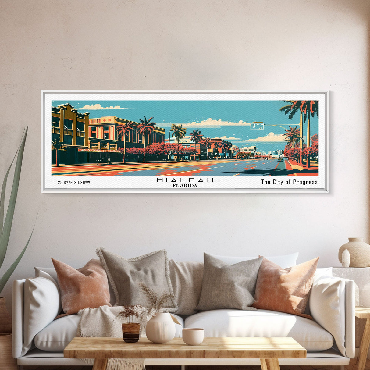 Hialeah Florida Panoramic Wall Art, Framed Canvas Print, Mid Century Modern Style, Retro Pop Art Travel Poster, Living Room Art, Cityscape Decor, Office Wall Art