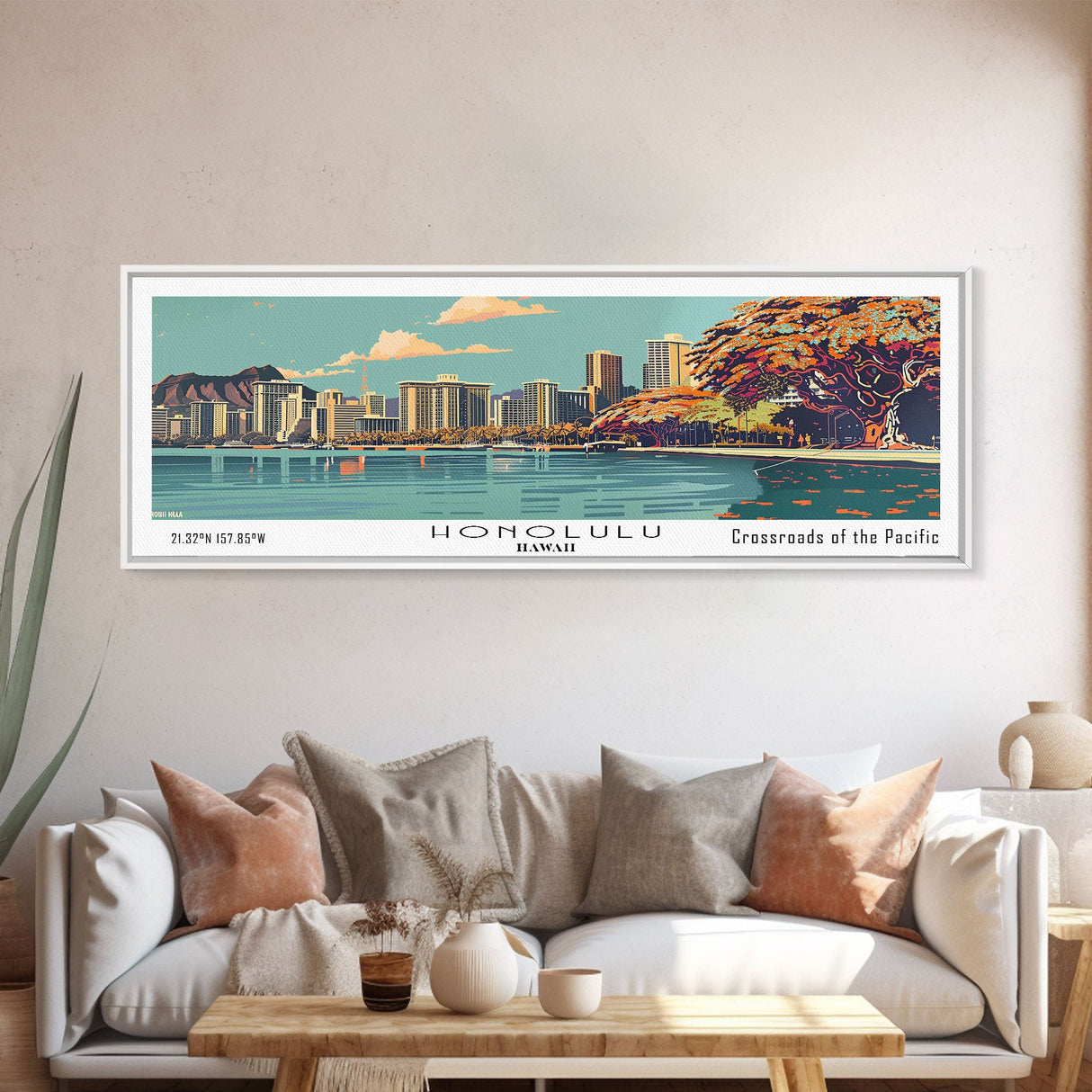 Honolulu Hawaii Panoramic Painting, Mid Century Modern Framed Canvas Print, Retro Pop Art Travel Poster, Cityscape Wall Art, Home Decor, Living Room Art, Office Wall Art