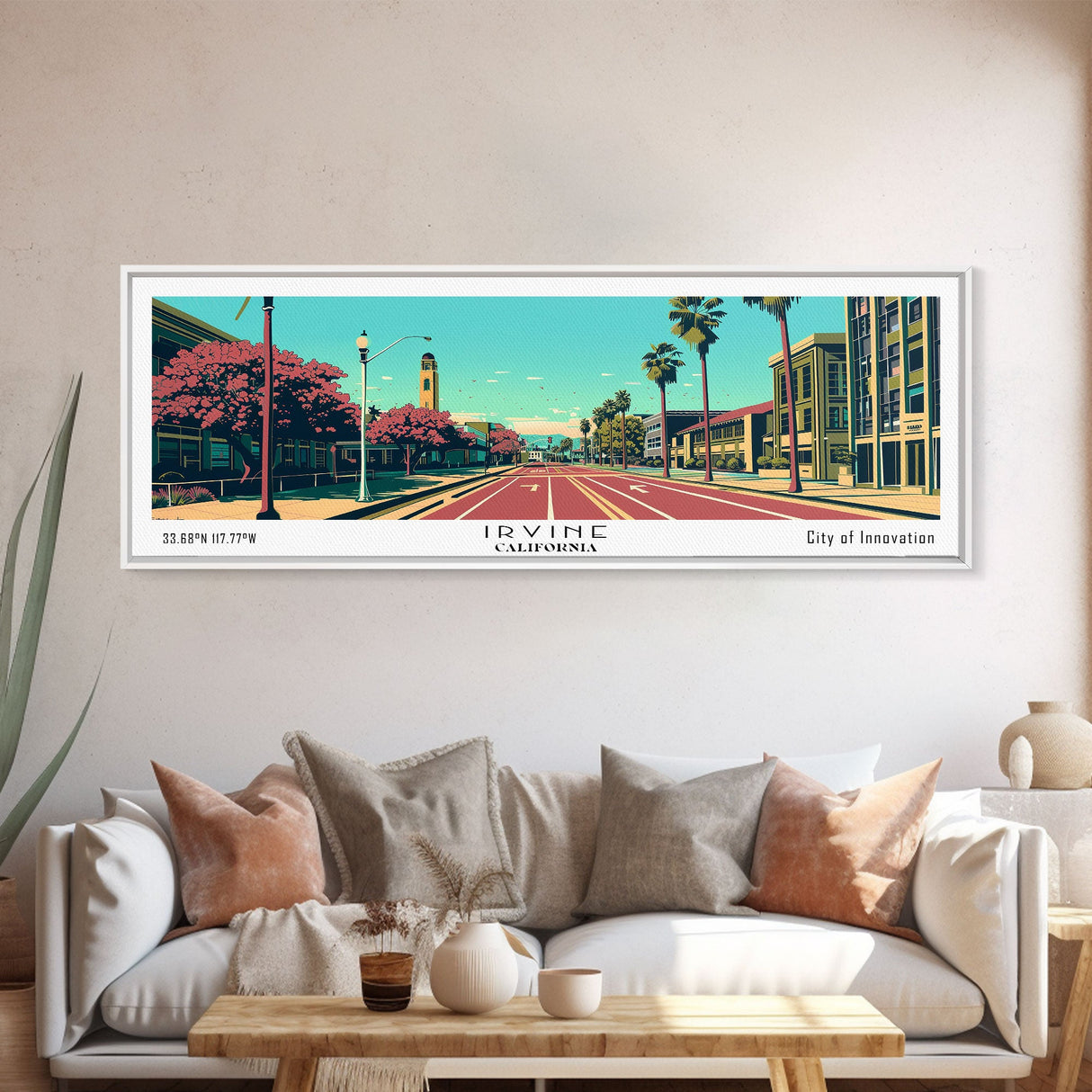 Irvine California Panoramic Wall Art, Mid Century Modern Framed Canvas Print, Retro Pop Art Travel Poster, Cityscape Decor, Living Room Art, Office Wall Art, Home Decor