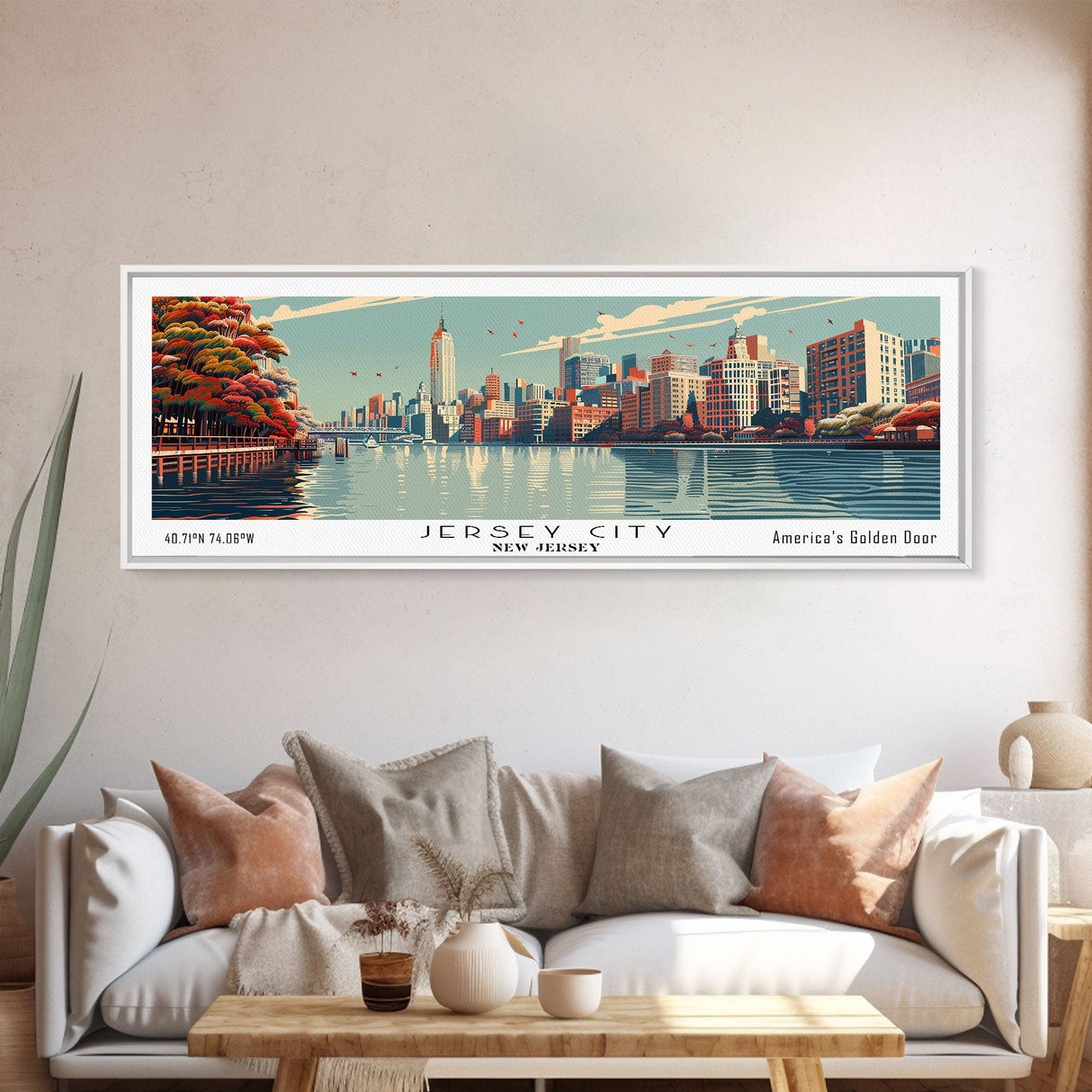 Jersey City New Jersey Panoramic Painting, Framed Canvas Print, Mid Century Modern Wall Art, Retro Pop Art Travel Poster, Cityscape Decor, Office Wall Art, Home Decor