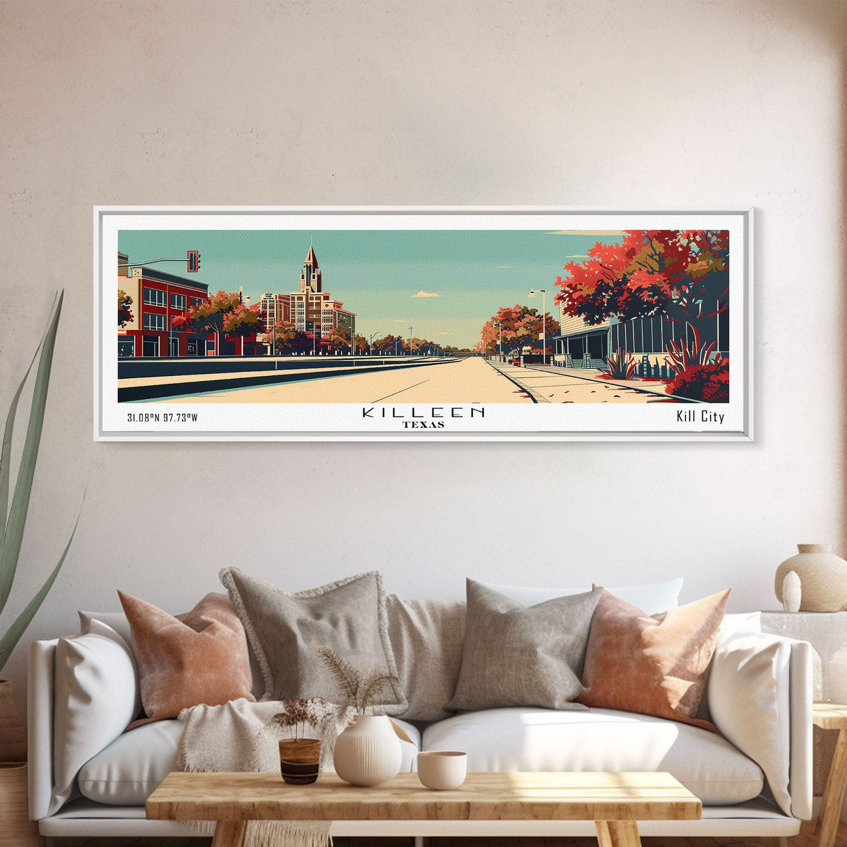 Killeen Texas Panoramic Painting, Mid Century Modern Framed Canvas Print, City Art, Retro Pop Art Travel Poster, Living Room Decor, Office Art, Cityscape Wall Art