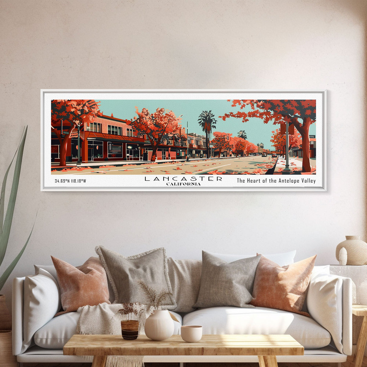 Lancaster California Panoramic Painting, Mid Century Modern Framed Canvas Print, City Art, Retro Pop Art Travel Poster, Living Room Decor, Office Art, Cityscape Wall Art