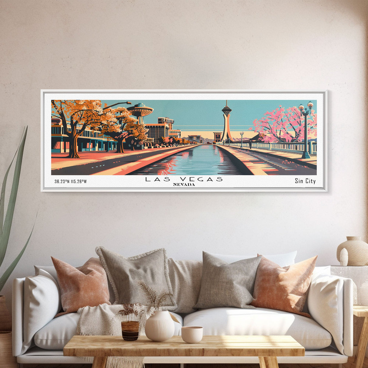 Las Vegas Nevada Panoramic Painting, Framed Canvas Print, Mid Century Modern Wall Art, Retro Pop Art Travel Poster, Cityscape Decor, Living Room Art, Office Wall Art