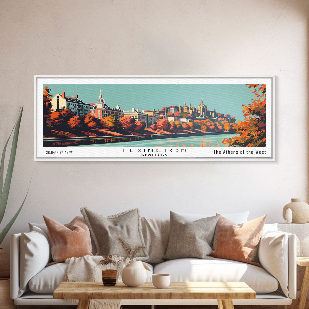 Lexington Kentucky Panoramic Painting, Mid Century Modern Framed Canvas Print, Retro Pop Art Travel Poster, Living Room Wall Decor