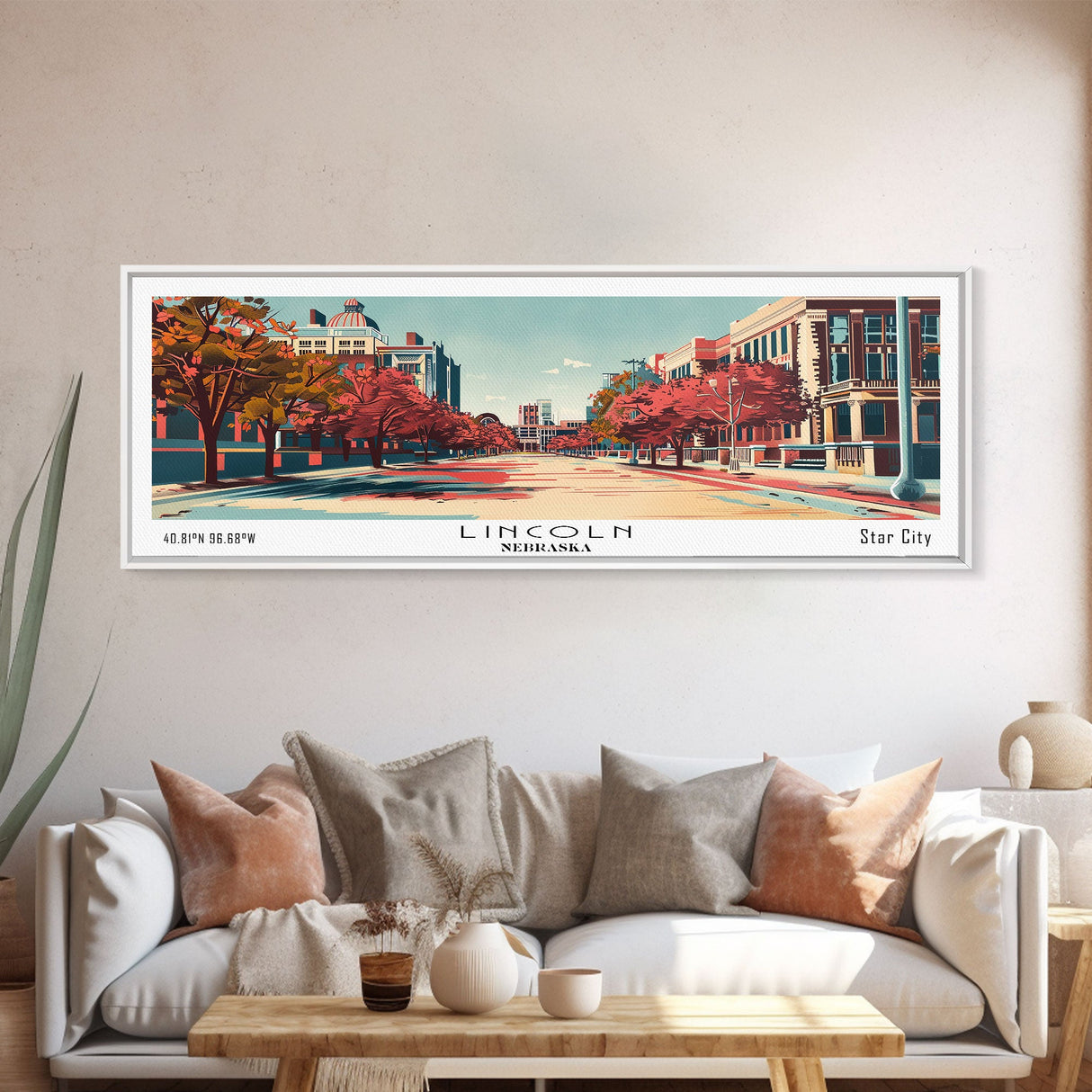 Lincoln Nebraska Panoramic Wall Art, Mid Century Modern Framed Canvas Print, Retro Pop Art Travel Poster, Office Decor, Gift Idea