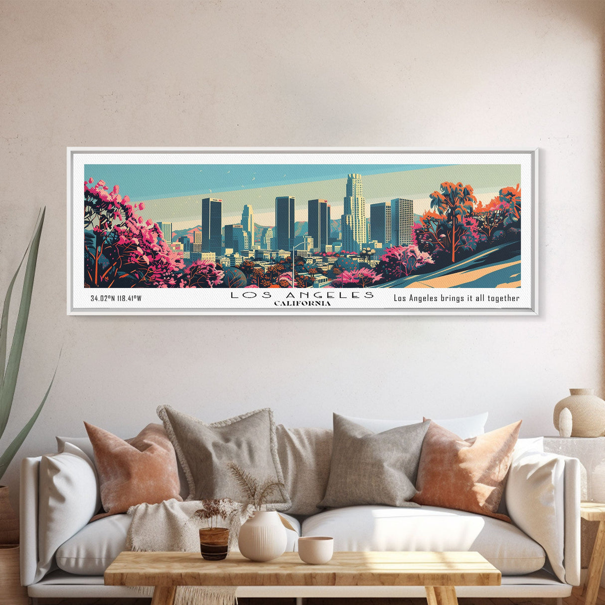 Los Angeles California Mid Century Modern Framed Canvas Print, Retro Pop Art Travel Poster, Home Decor, City Art, Panoramic Painting