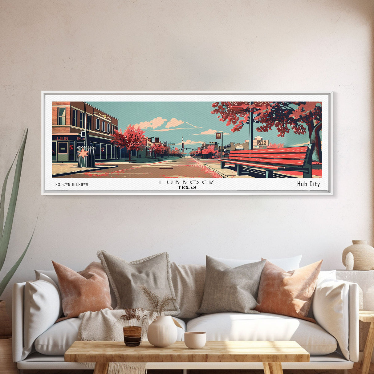 Lubbock Texas Panoramic Painting, Mid Century Modern Framed Canvas Print, Retro Pop Art Travel Poster, Living Room Decor, Gift Idea