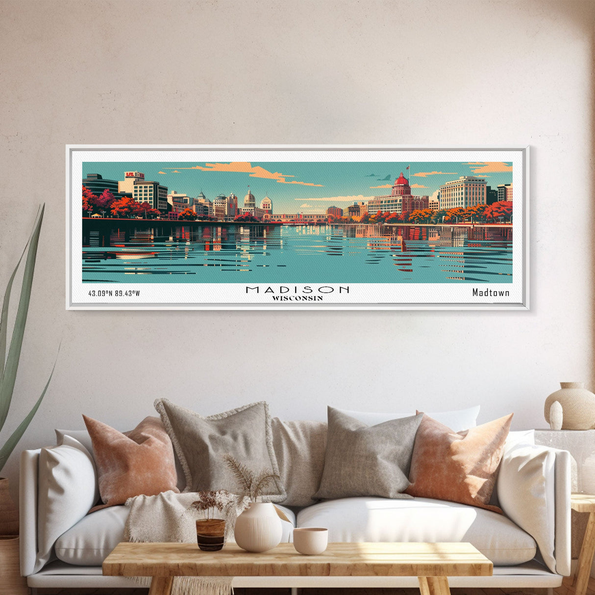 Madison Wisconsin Mid Century Modern Framed Canvas Print, Retro Pop Art Travel Poster, Home Decor, Living Room Art, Panoramic View