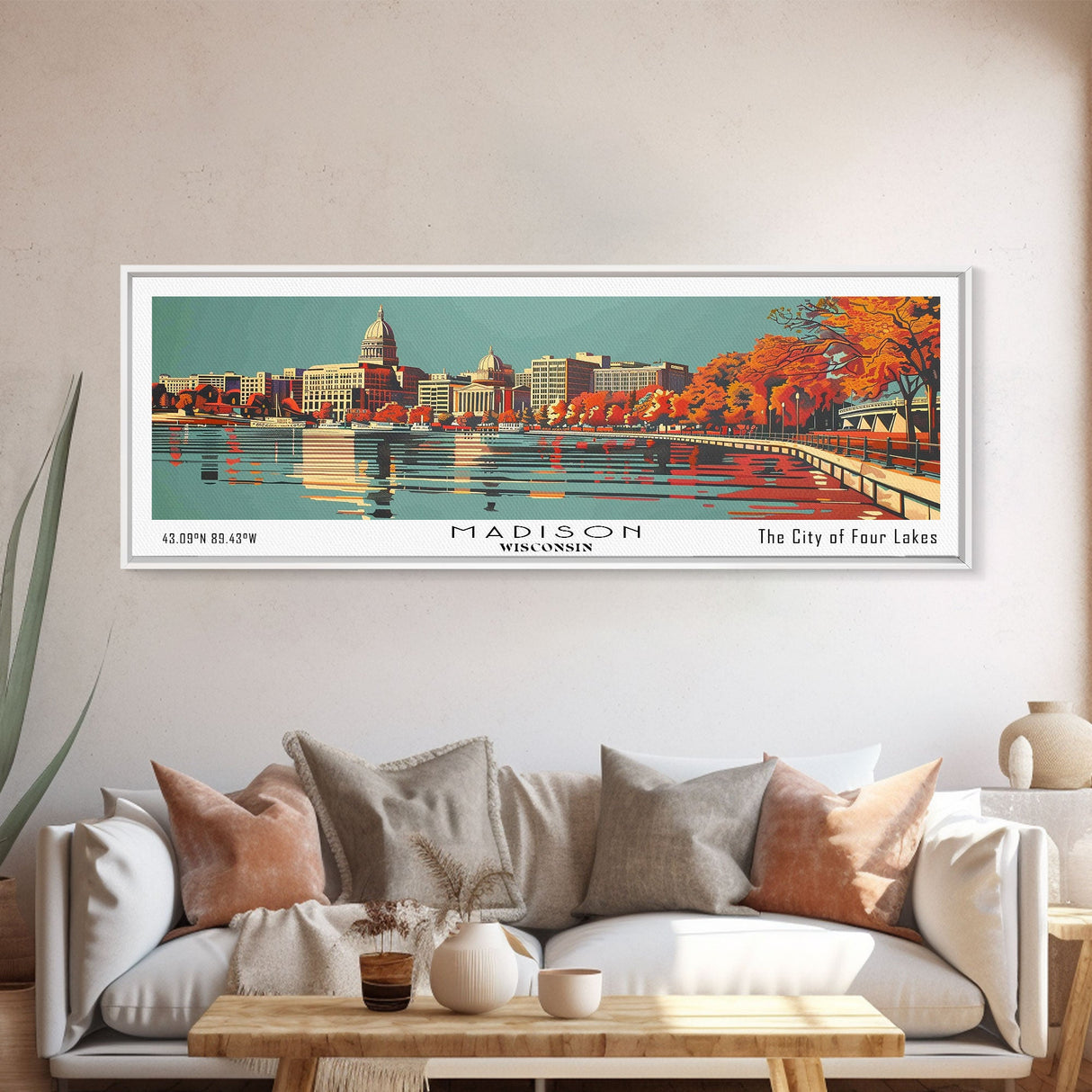 Madison Wisconsin Panoramic Wall Art, Mid Century Modern Framed Canvas Print, Retro Pop Art Travel Poster, Office Decor, Gift Idea