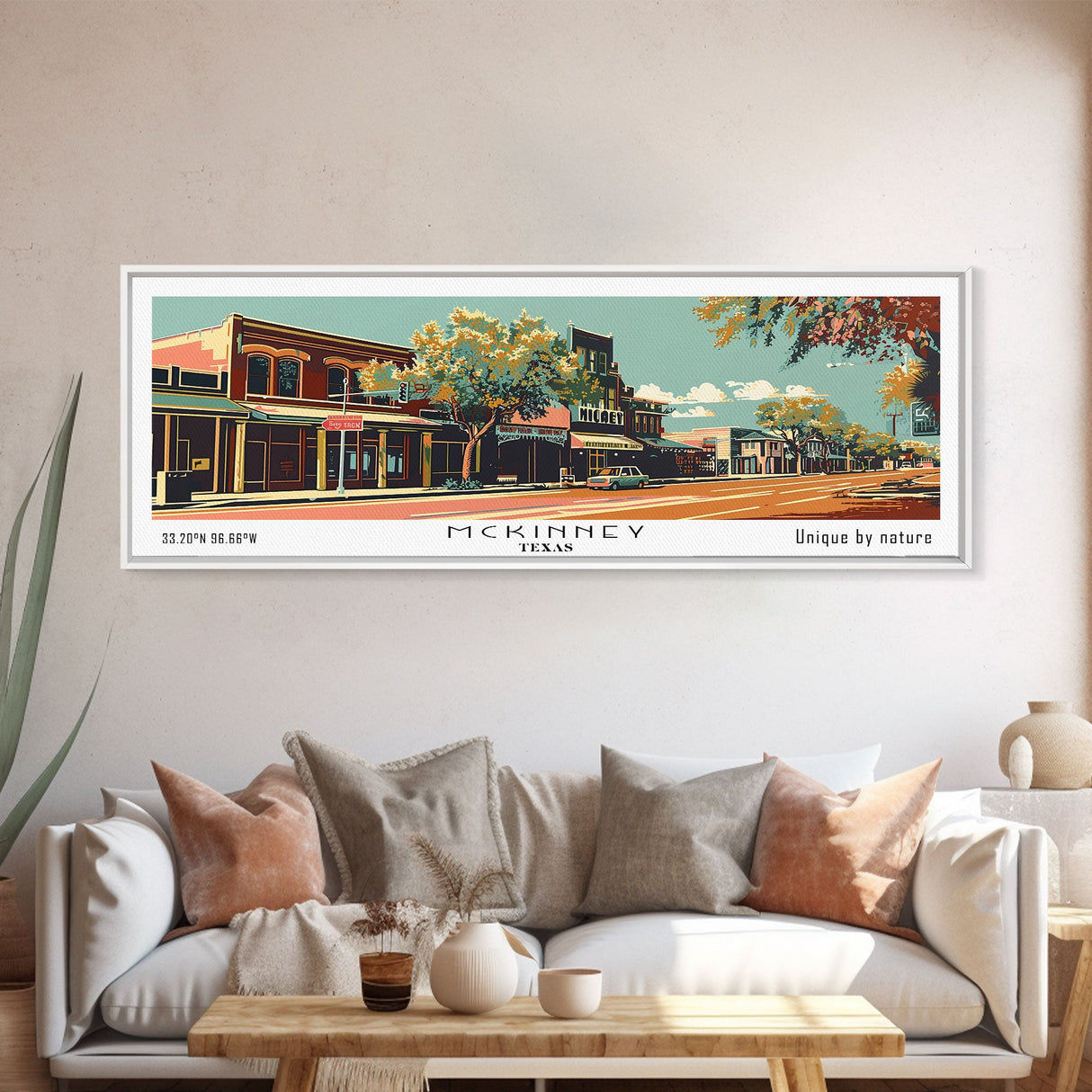 McKinney Texas Panoramic Painting, Mid Century Modern Framed Canvas Print, Retro Pop Art Travel Poster, Living Room Wall Decor