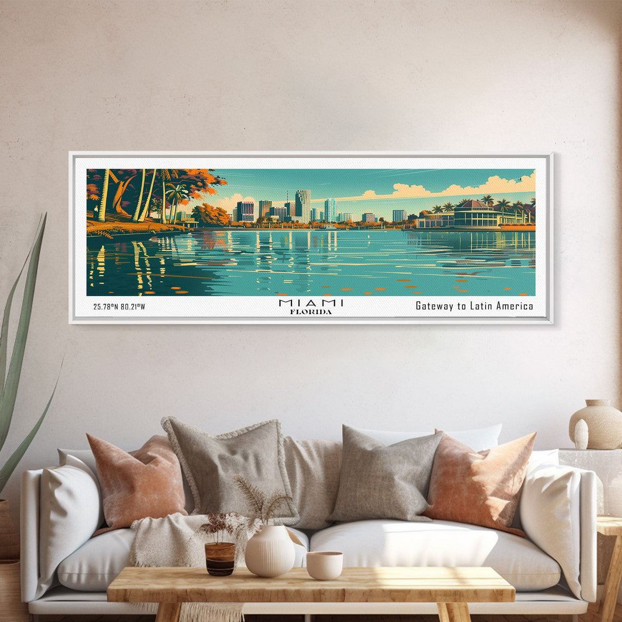 Miami Florida Panoramic View, Mid Century Modern Framed Canvas Print, Retro Pop Art Travel Poster, Home Decor, City Art