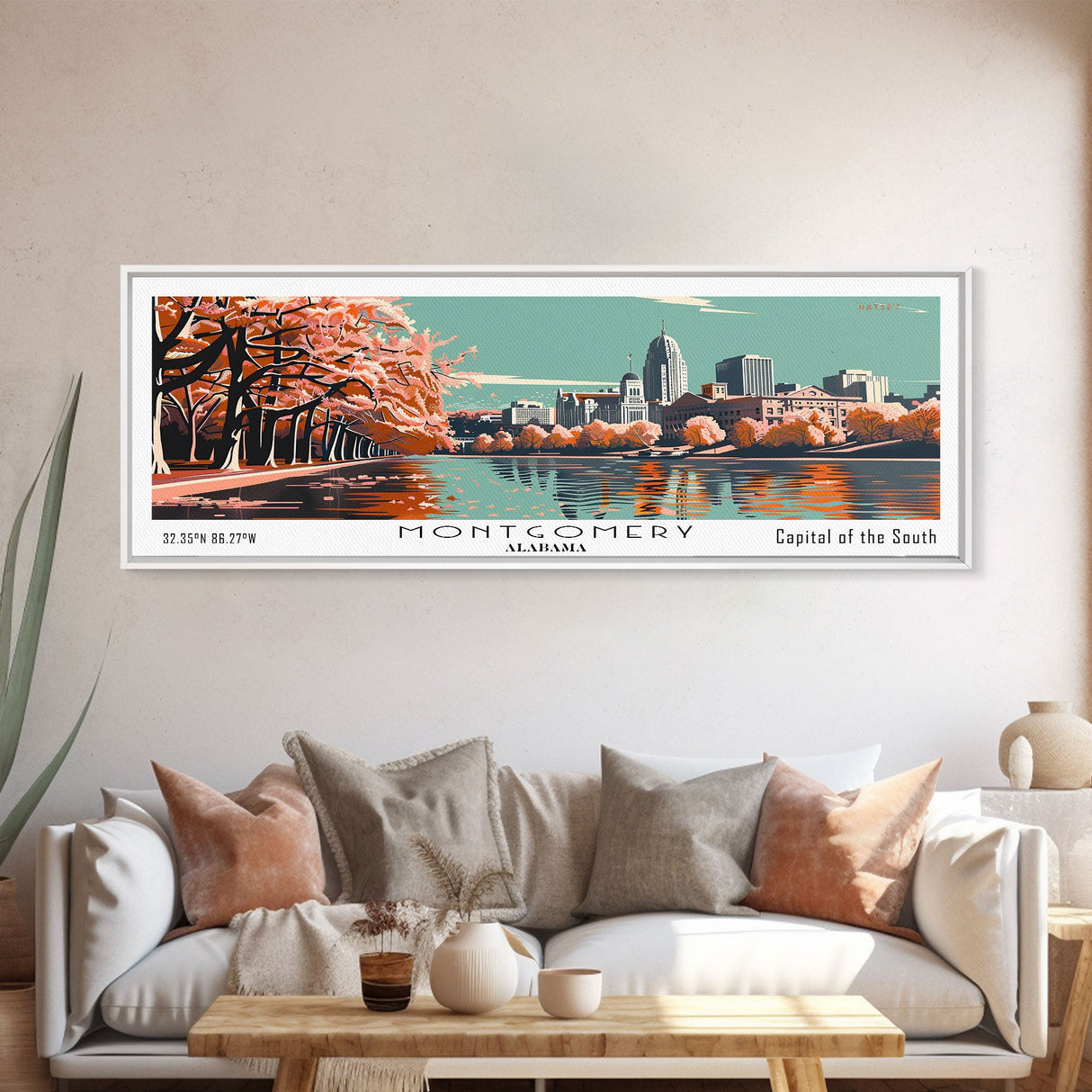 Montgomery Alabama Panoramic Painting, Mid Century Modern Framed Canvas Print, Retro Pop Art Travel Poster, Living Room Wall Decor