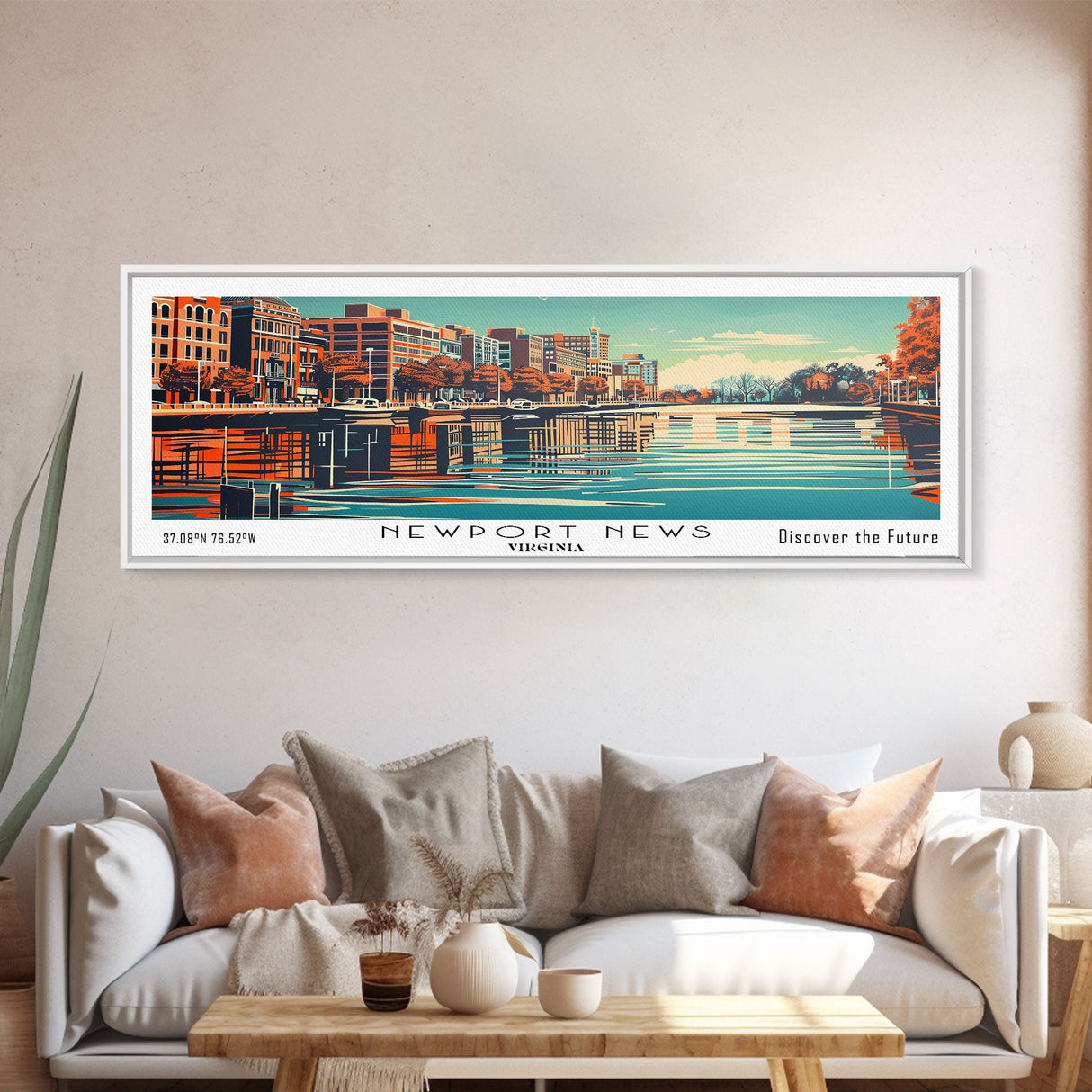 Newport News Virginia Panoramic Wall Art, Mid Century Modern Framed Canvas Print, Retro Pop Art Travel Poster, Office Decor, Cityscape Art