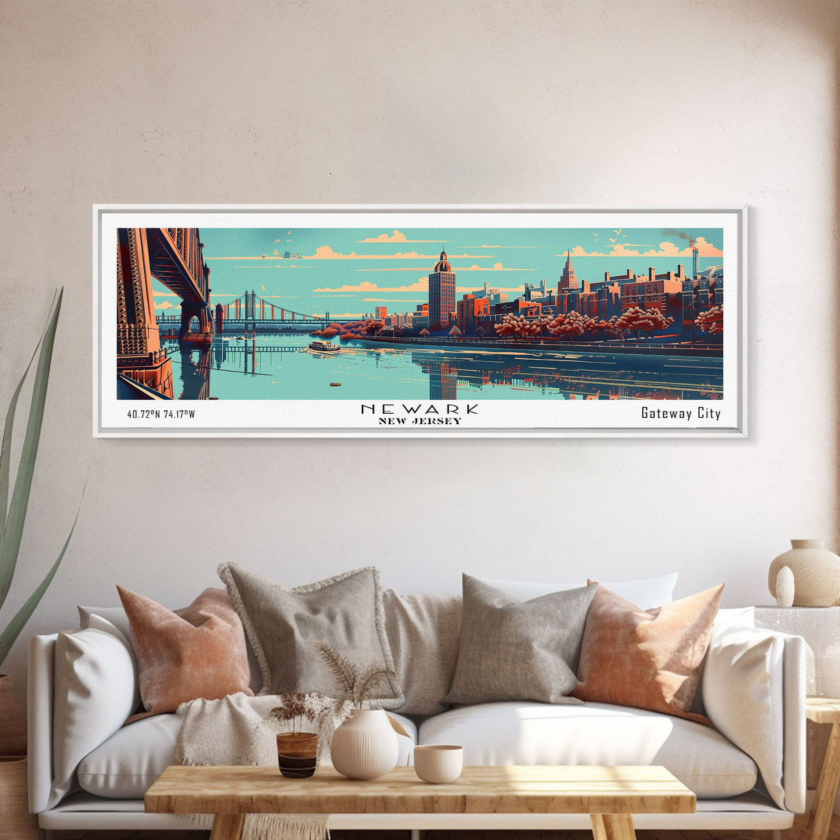 Newark New Jersey Panoramic Wall Art, Mid Century Modern Framed Canvas Print, Retro Pop Art Travel Poster, Office Decor, Gift Idea