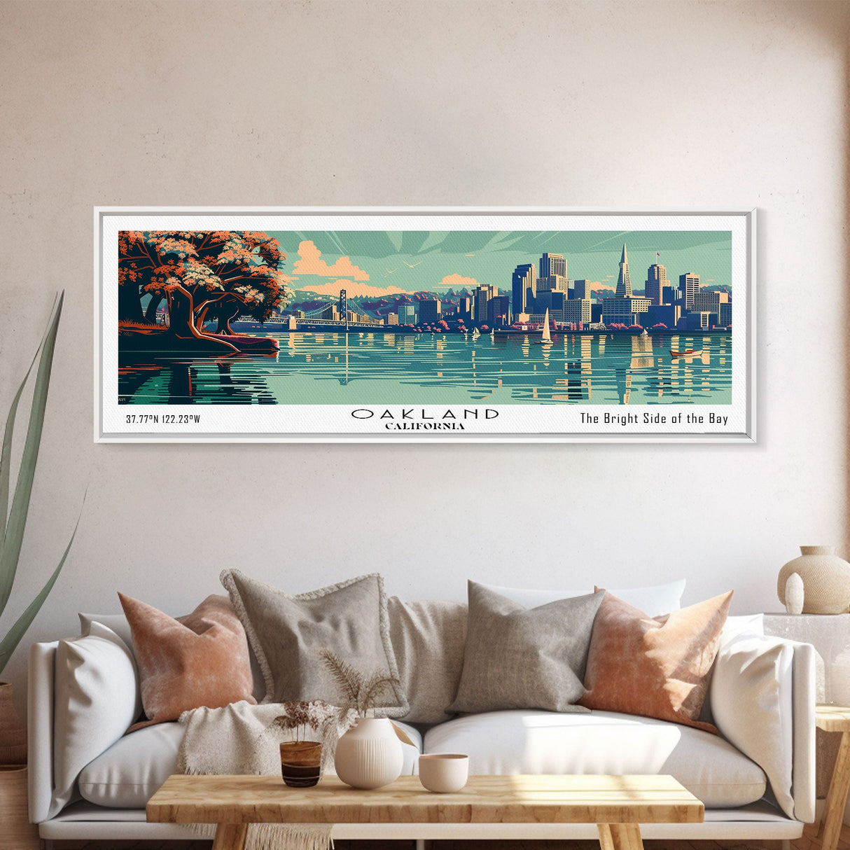 Oakland California Panoramic View, Mid Century Modern Framed Canvas Print, Retro Pop Art Travel Poster, Home Decor, Living Room Art