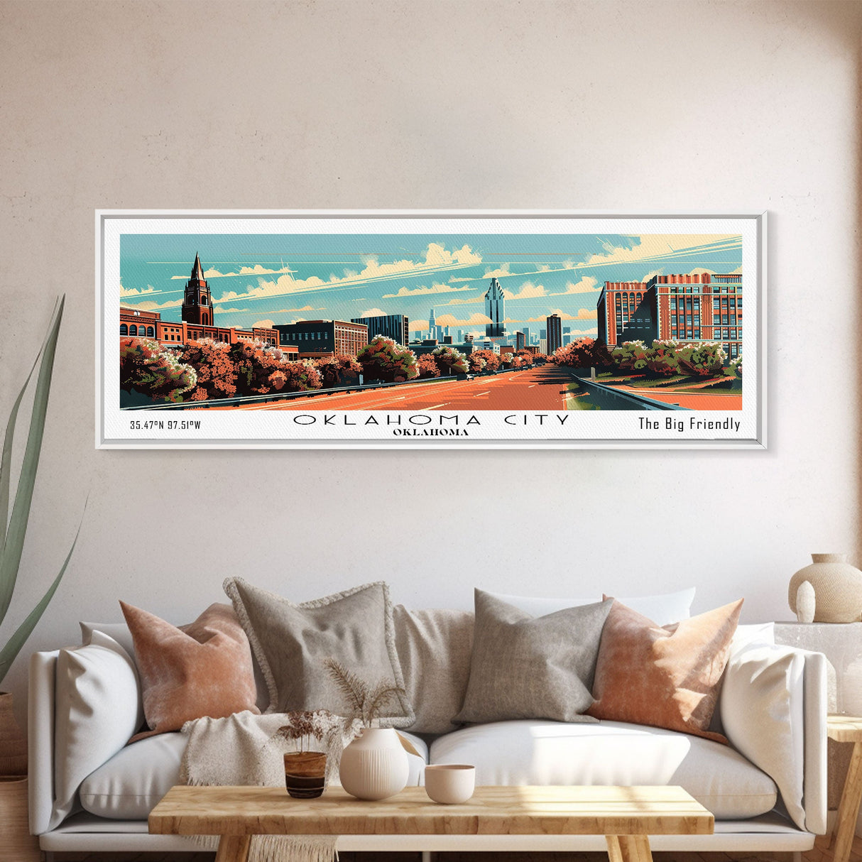 Oklahoma City Oklahoma Panoramic Wall Art, Mid Century Modern Framed Canvas Print, Retro Pop Art Travel Poster, Office Decor, Gift Idea