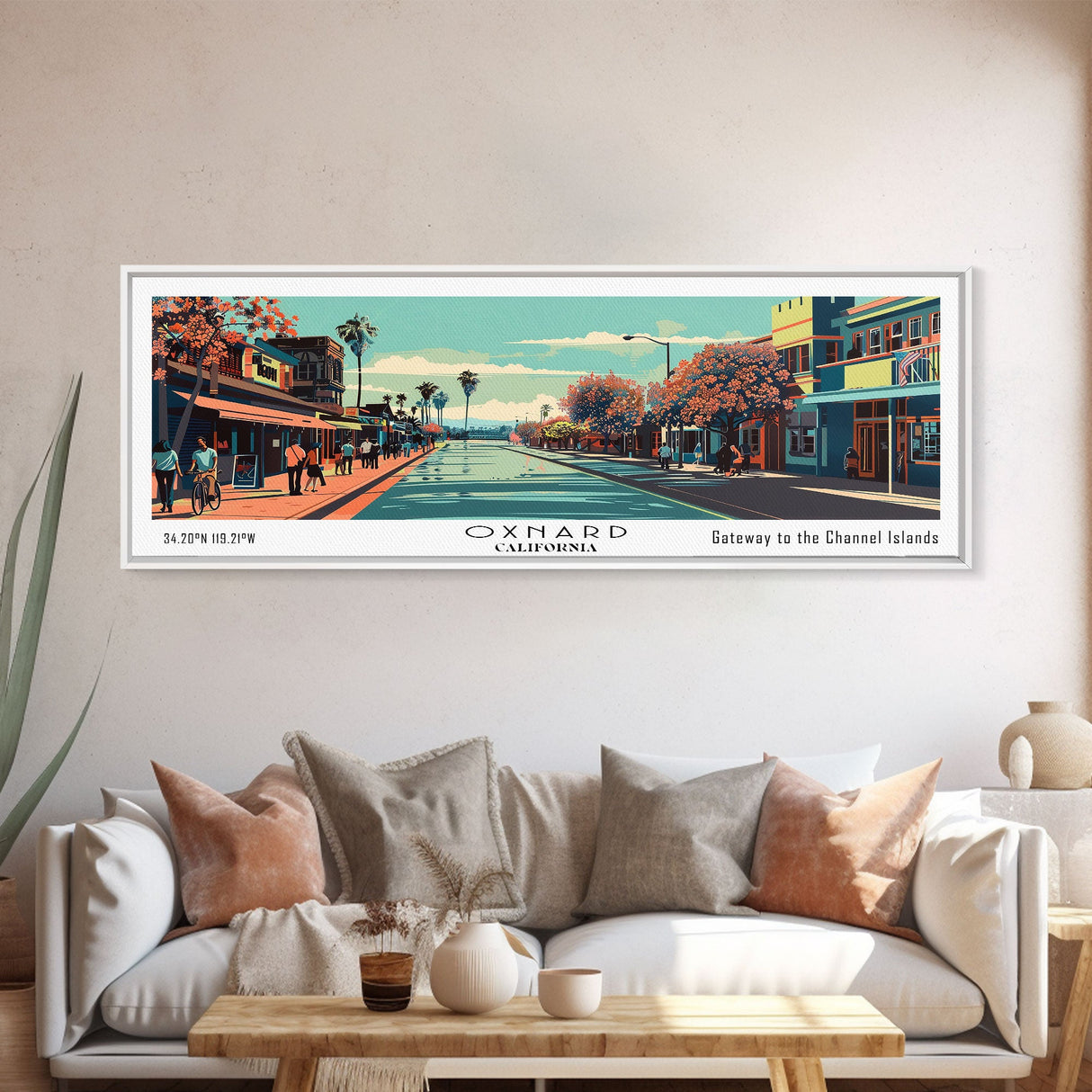 Oxnard California Panoramic Painting, Mid Century Modern Framed Canvas Print, Retro Pop Art Travel Poster, Living Room Decor, City Art