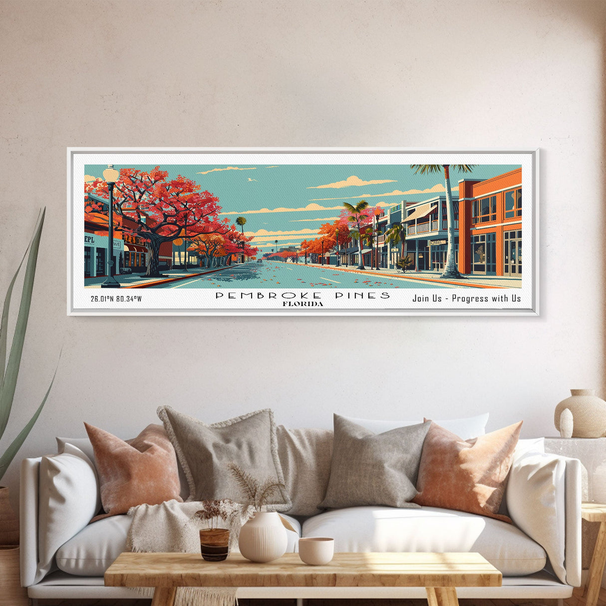 Pembroke Pines Florida Panoramic Wall Art, Mid Century Modern Framed Canvas Print, Retro Pop Art Travel Poster, Office Decor, Living Room Art