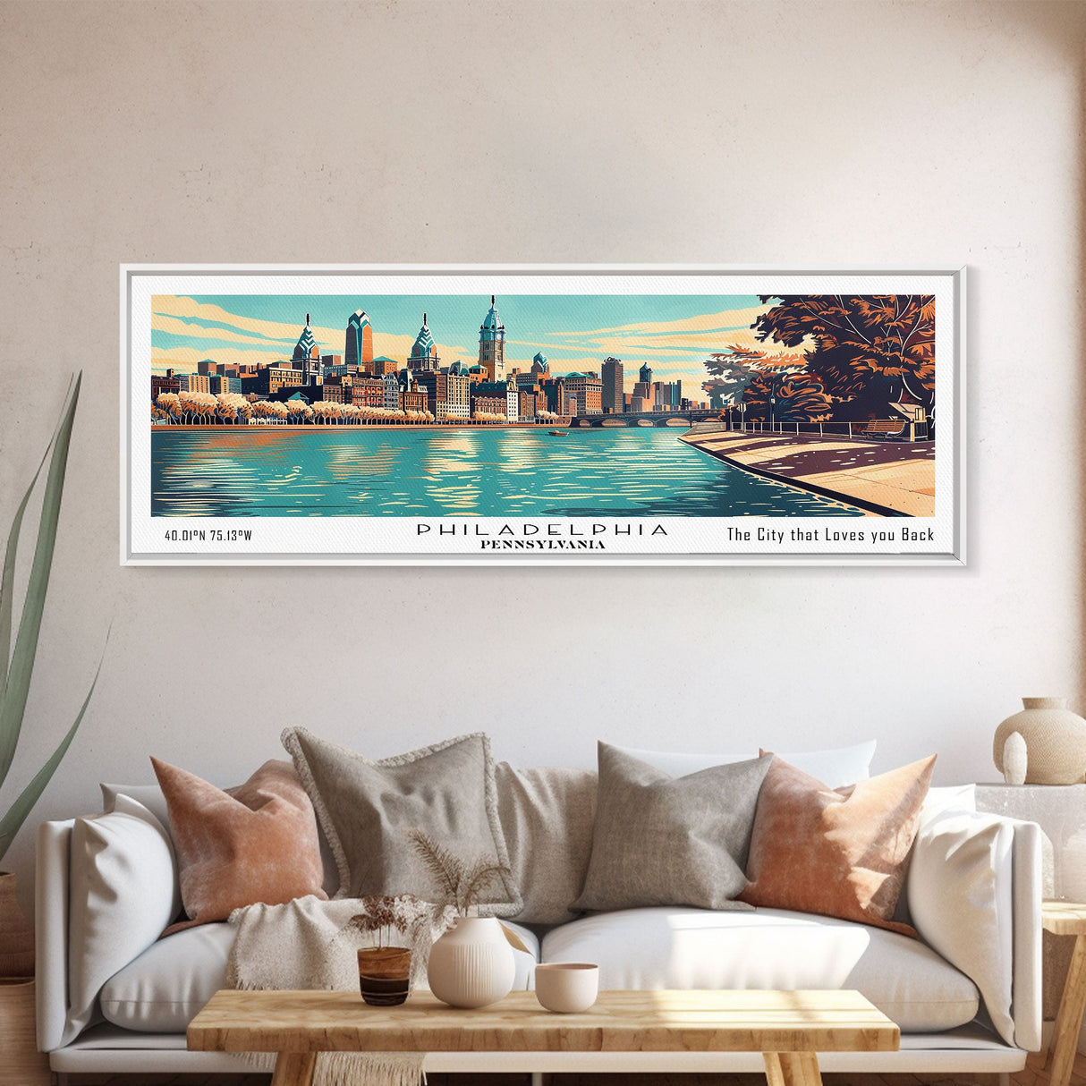 Philadelphia Pennsylvania Panoramic Painting, Mid Century Modern Framed Canvas Print, Retro Pop Art Travel Poster, Home Decor, Cityscape Art