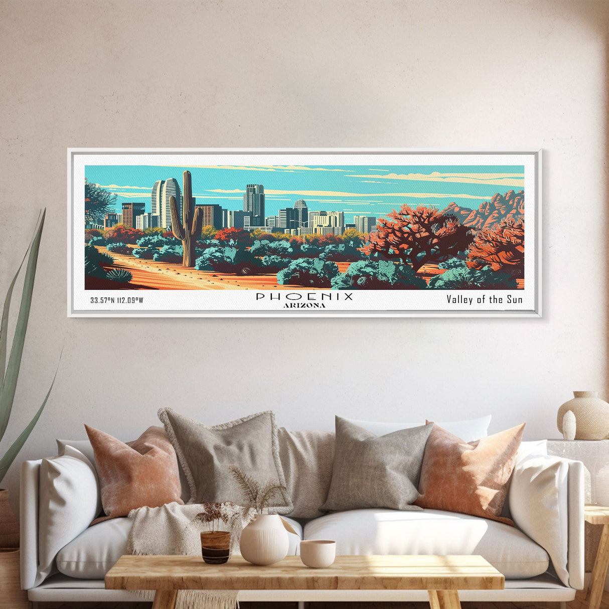 Phoenix Arizona Panoramic View, Mid Century Modern Framed Canvas Print, Retro Pop Art Travel Poster, Living Room Wall Decor