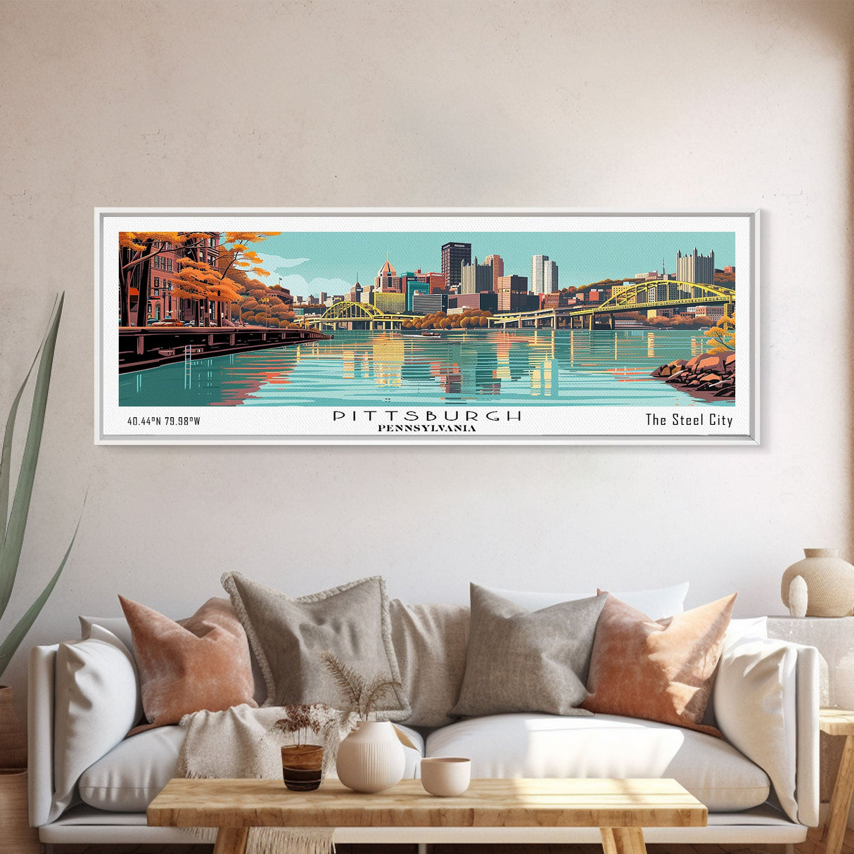 Pittsburgh Pennsylvania Panoramic Wall Art, Mid Century Modern Framed Canvas Print, Retro Pop Art Travel Poster, Office Decor, Gift Idea