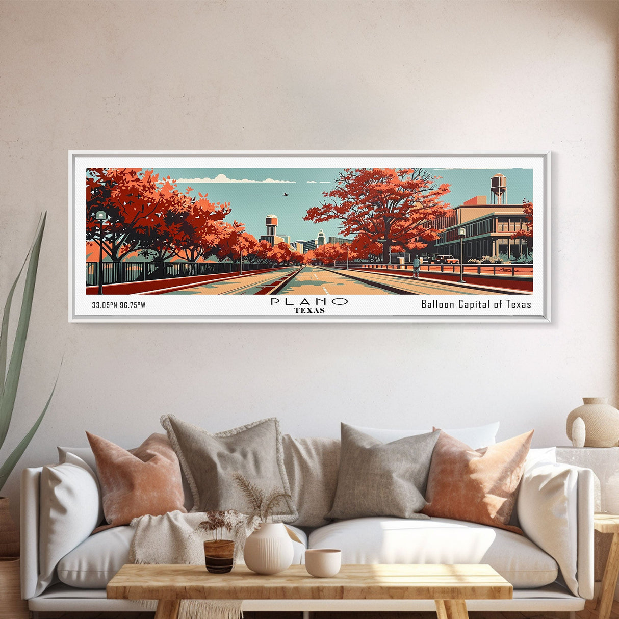 Plano Texas Panoramic Painting, Mid Century Modern Framed Canvas Print, Retro Pop Art Travel Poster, Living Room Decor, City Art