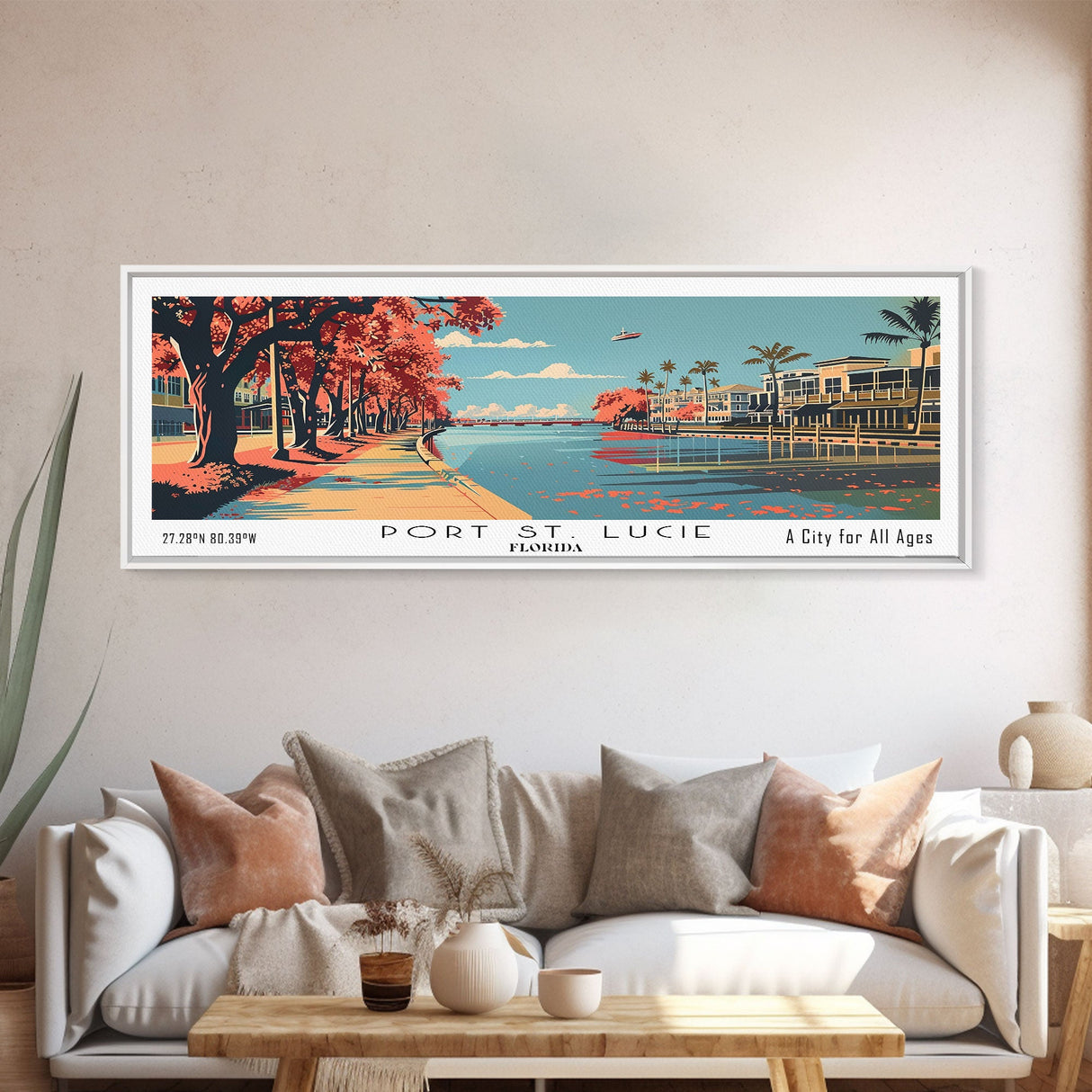 Port St. Lucie Florida Panoramic Painting, Mid Century Modern Framed Canvas Print, Retro Pop Art Travel Poster, Home Decor, Cityscape Art