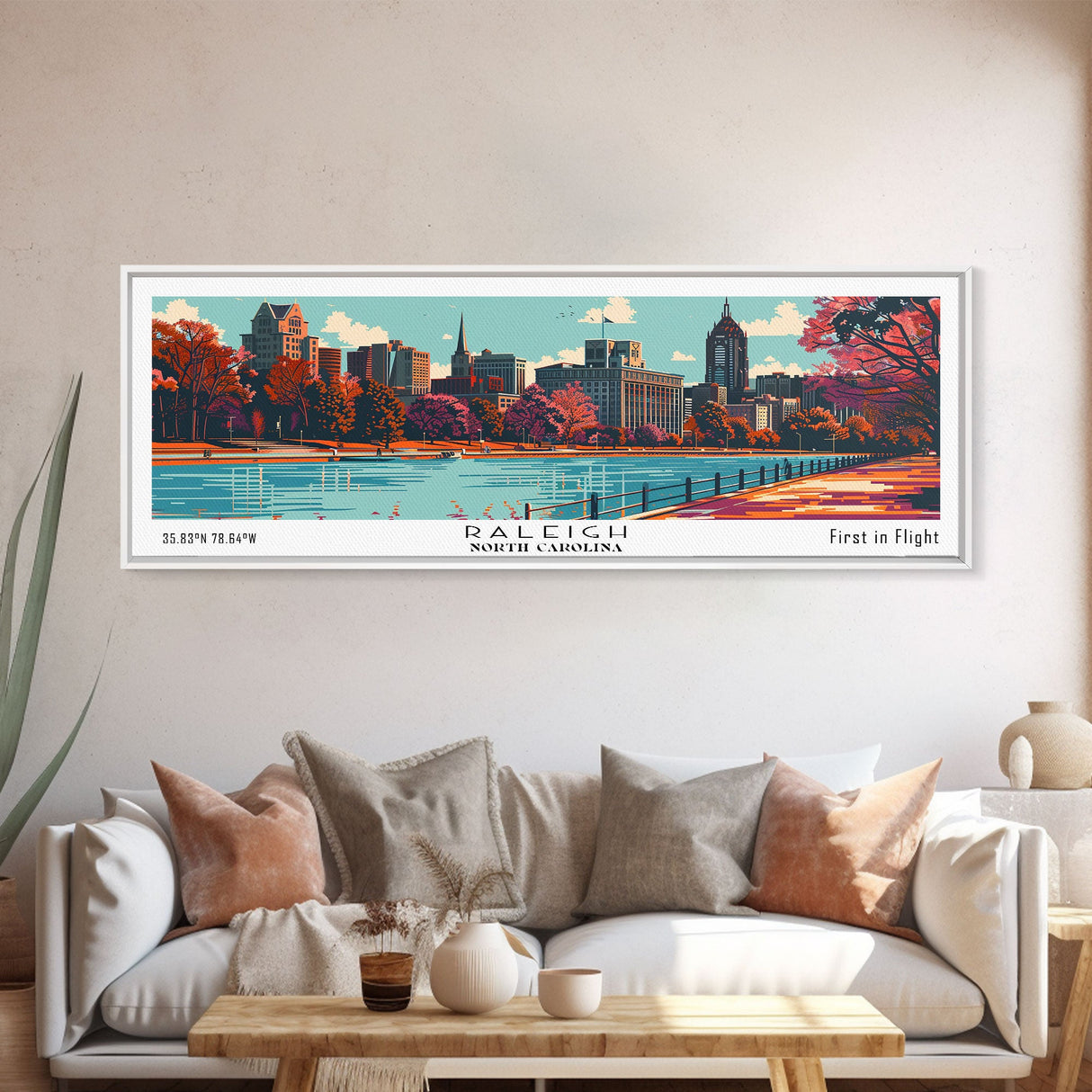 Raleigh North Carolina Panoramic Wall Art, Mid Century Modern Framed Canvas Print, Retro Pop Art Travel Poster, Office Decor, Gift Idea