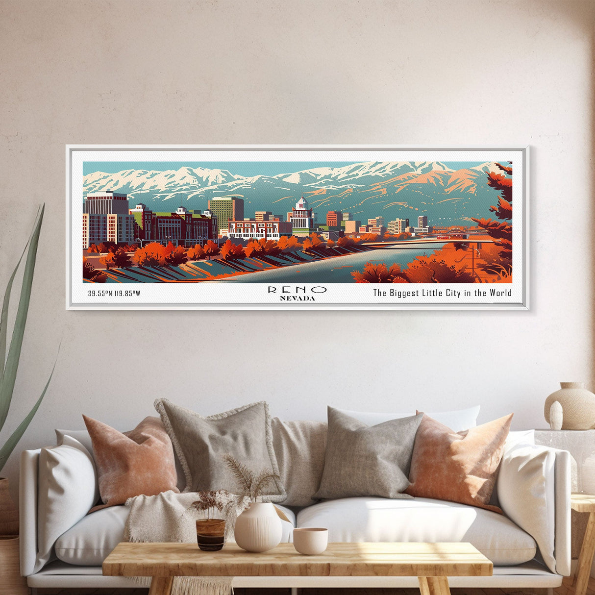 Reno Nevada Panoramic Painting, Mid Century Modern Framed Canvas Print, Retro Pop Art Travel Poster, Living Room Wall Decor