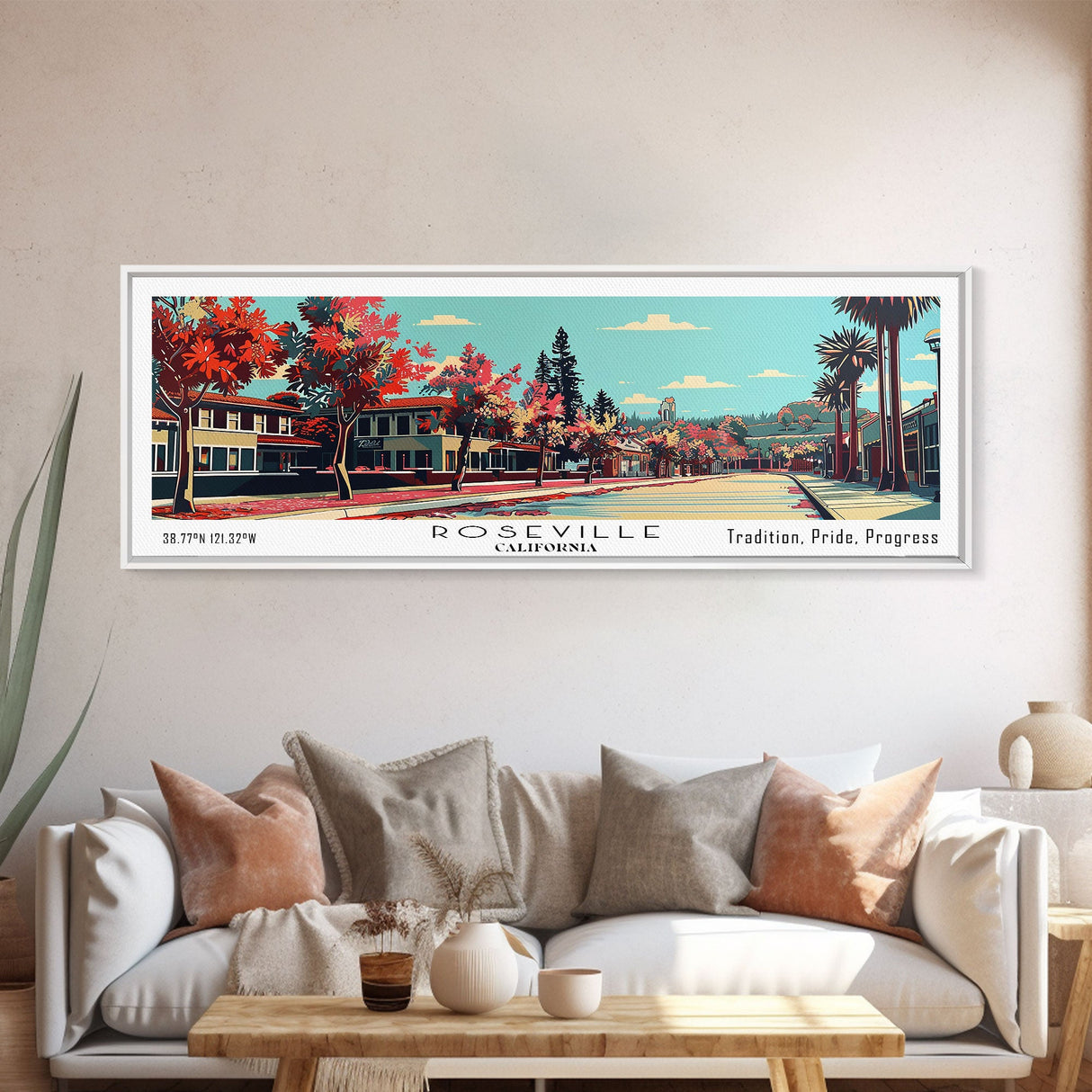 Roseville California Panoramic Wall Art, Mid Century Modern Framed Canvas Print, Retro Pop Art Cityscape, Travel Poster, Living Room Decor