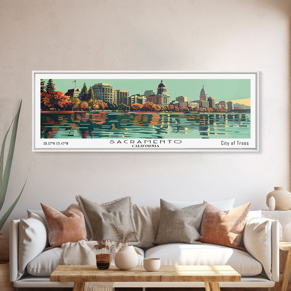 Sacramento California Panoramic Painting, Mid Century Modern Framed Canvas Print, Retro Pop Art Travel Poster, Cityscape, Home Decor, Office Wall Art