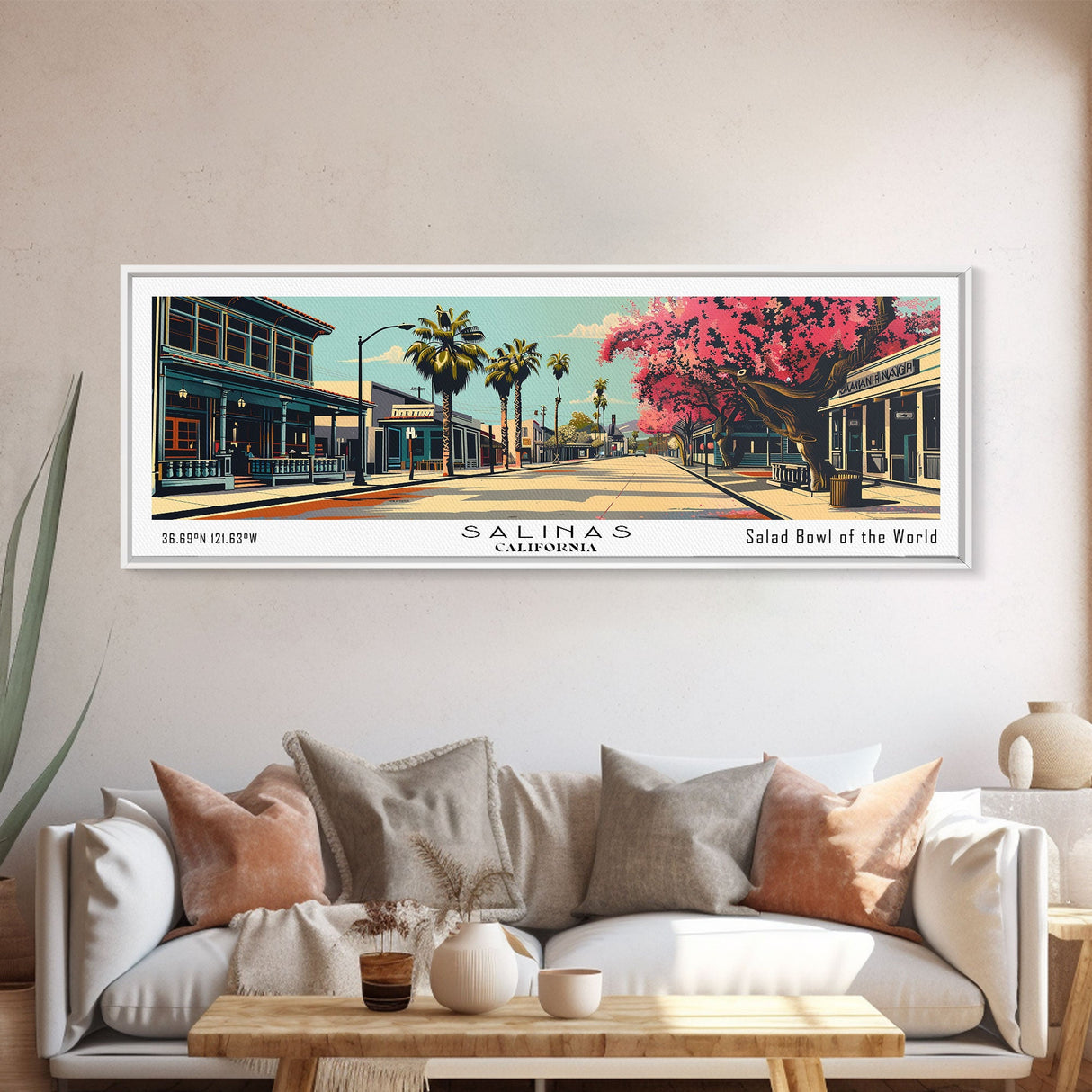 Salinas California Panoramic Painting, Mid Century Modern Framed Canvas Print, Retro Pop Art Travel Poster, Cityscape, Home Decor, Office Wall Art