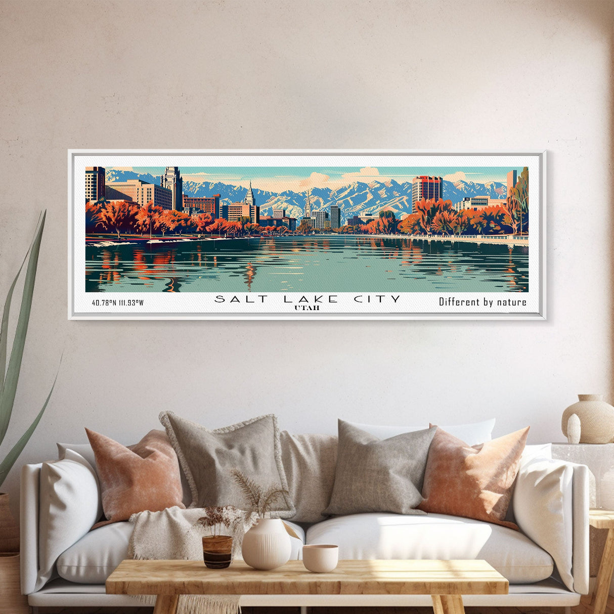 Salt Lake City Utah Panoramic Wall Art, Mid Century Modern Framed Canvas Print, Retro Pop Art Cityscape, Travel Poster, Living Room Decor