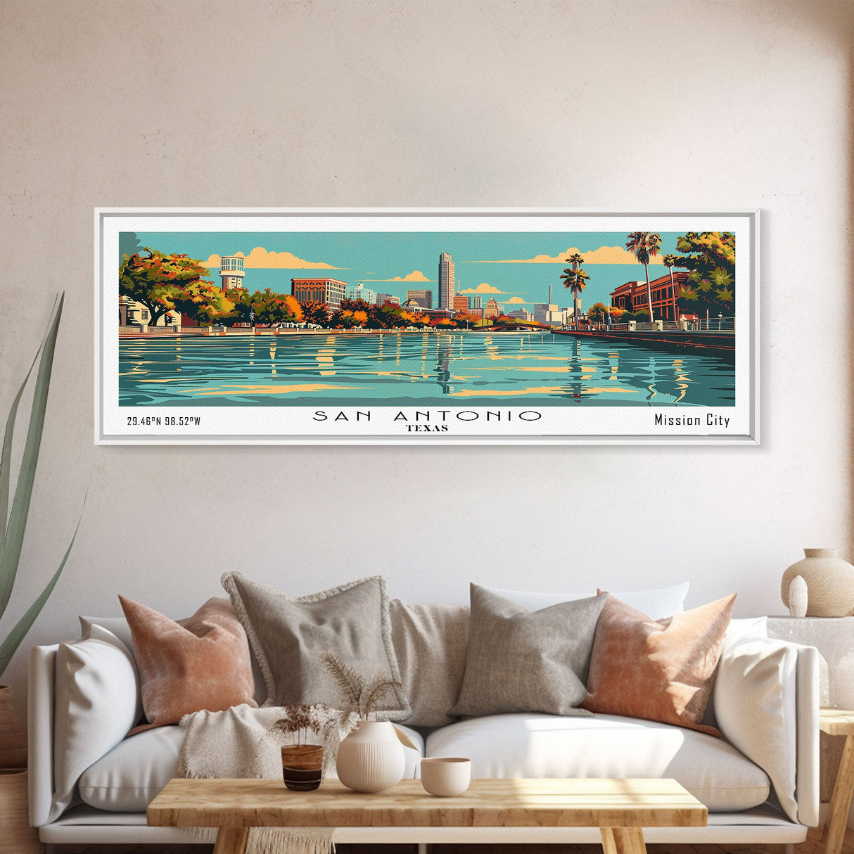 San Antonio Texas Panoramic Painting, Mid Century Modern Framed Canvas Print, Retro Pop Art Travel Poster, Cityscape, Home Decor, Office Wall Art