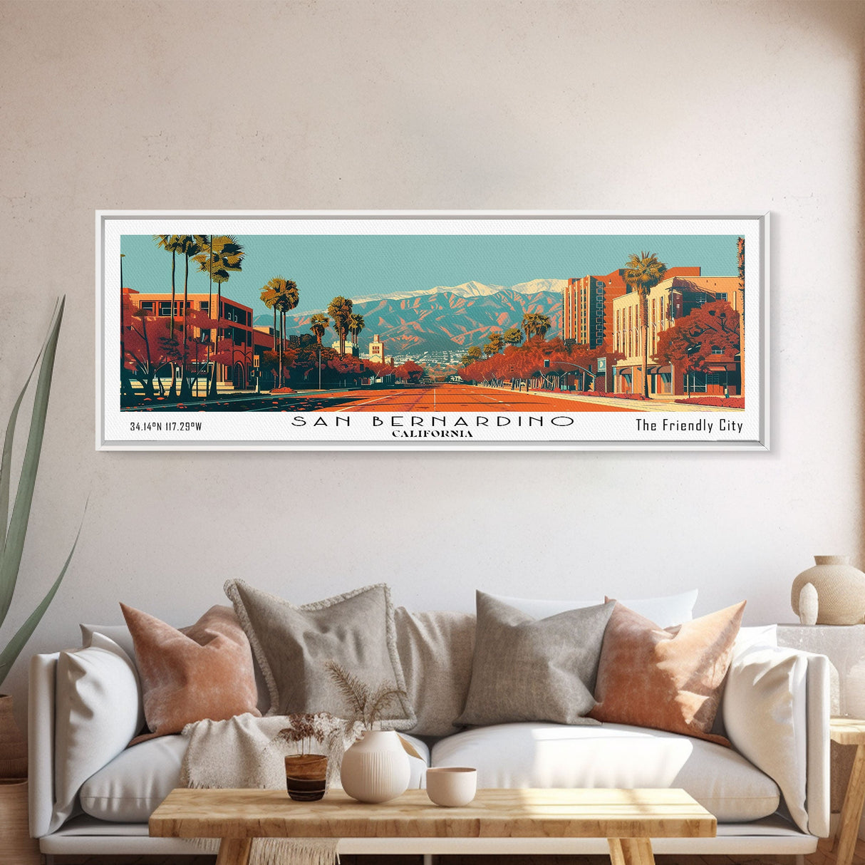 San Bernardino California Panoramic Wall Art, Mid Century Modern Framed Canvas Print, Retro Pop Art Cityscape, Travel Poster, Living Room Decor