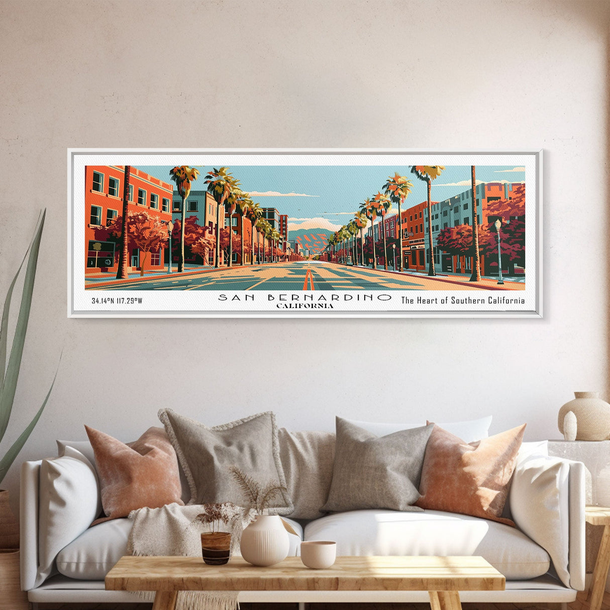 San Bernardino California Panoramic Painting, Mid Century Modern Framed Canvas Print, Retro Pop Art Travel Poster, Cityscape, Home Decor, Office Wall Art