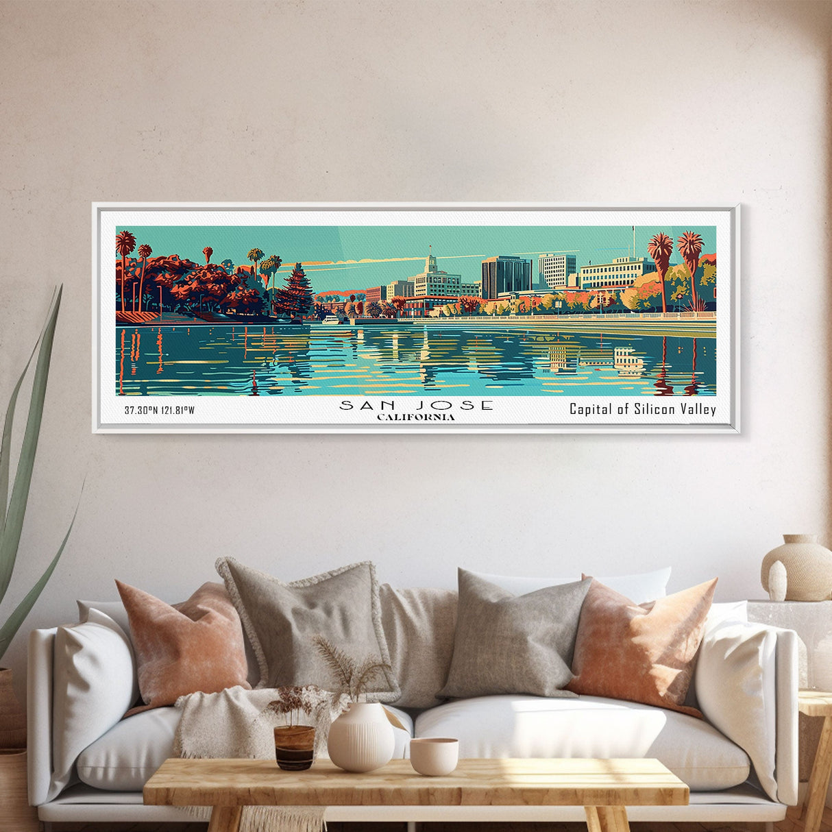 San Jose California Panoramic Painting, Mid Century Modern Framed Canvas Print, Retro Pop Art Travel Poster, Cityscape, Home Decor, Office Wall Art