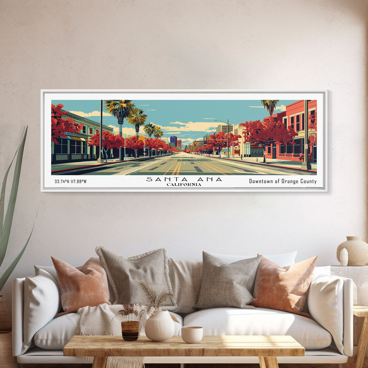 Santa Ana California Panoramic Wall Art, Mid Century Modern Framed Canvas Print, Retro Pop Art Cityscape, Travel Poster, Living Room Decor