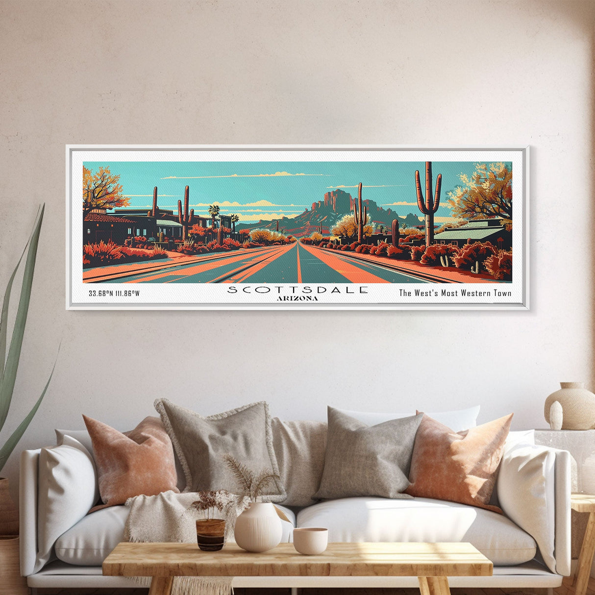 Scottsdale Arizona Panoramic Wall Art, Mid Century Modern Framed Canvas Print, Retro Pop Art Cityscape, Travel Poster, Living Room Decor