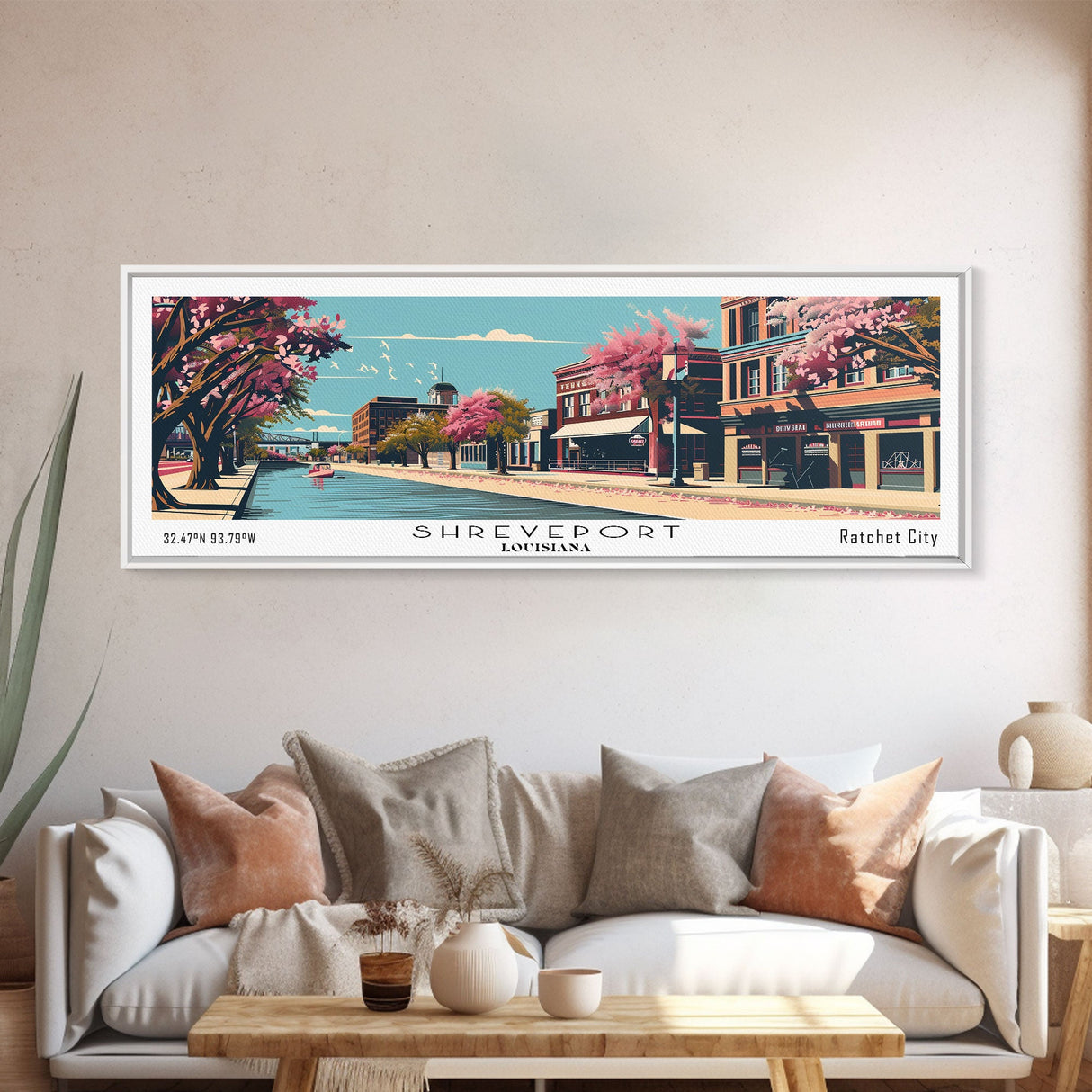 Shreveport Louisiana Panoramic Wall Art, Mid Century Modern Framed Canvas Print, Retro Pop Art Cityscape, Travel Poster, Living Room Decor