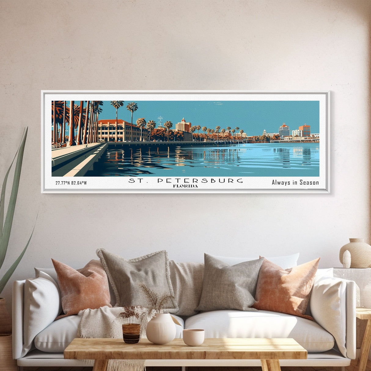 St. Petersburg Florida Panoramic Painting, Mid Century Modern Framed Canvas Print, Retro Pop Art Travel Poster, Cityscape, Home Decor, Office Wall Art