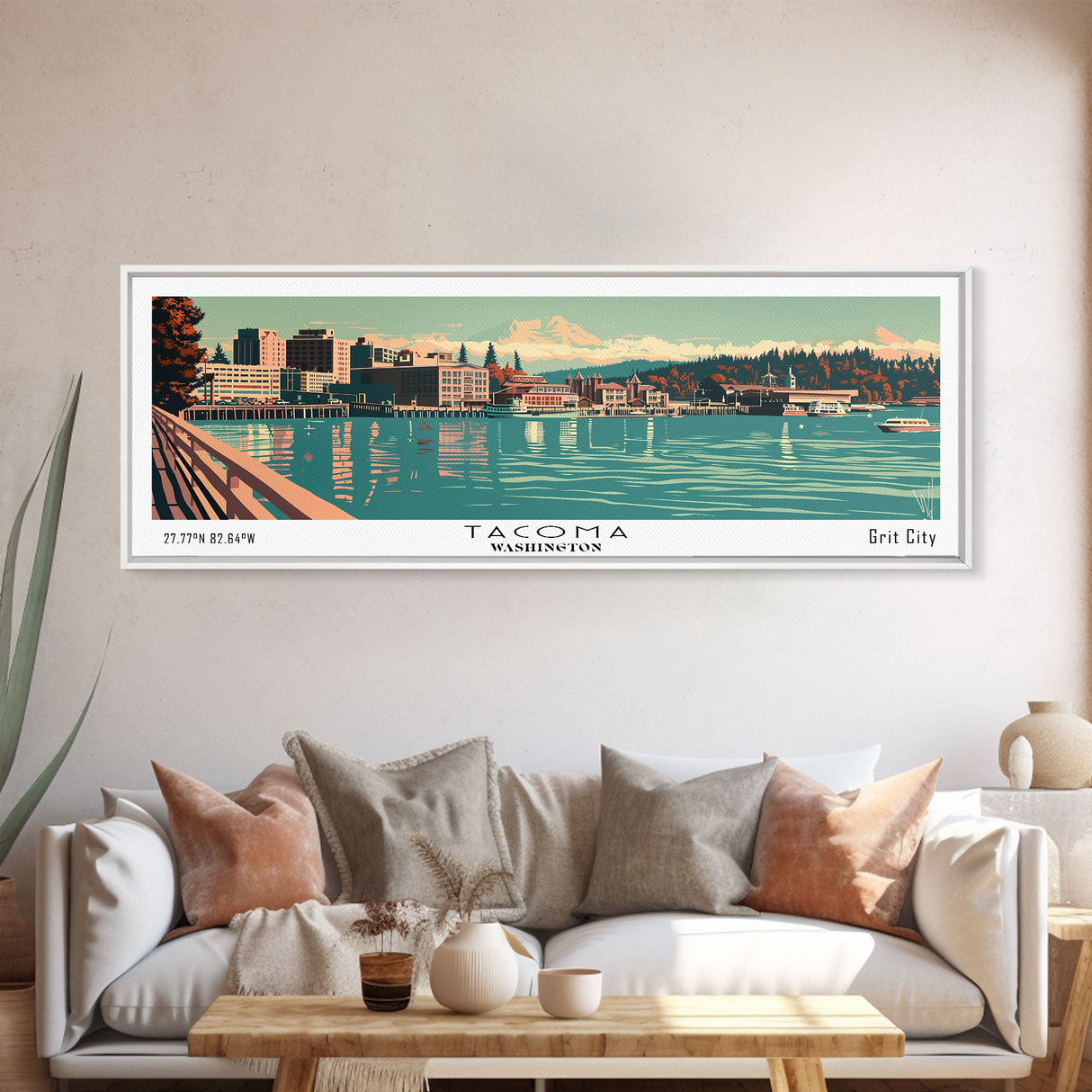 Tacoma Washington Panoramic Wall Art, Mid Century Modern Framed Canvas Print, Retro Pop Art Cityscape, Travel Poster, Living Room Decor