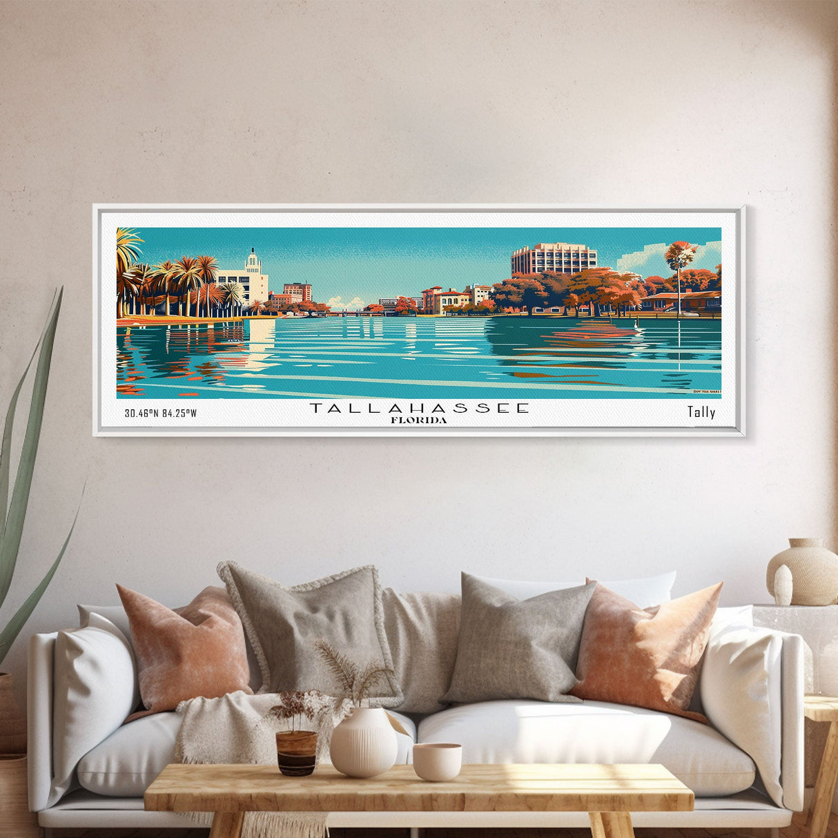 Tallahassee Florida Panoramic Painting, Mid Century Modern Framed Canvas Print, Retro Pop Art Travel Poster, Cityscape, Home Decor, Office Wall Art