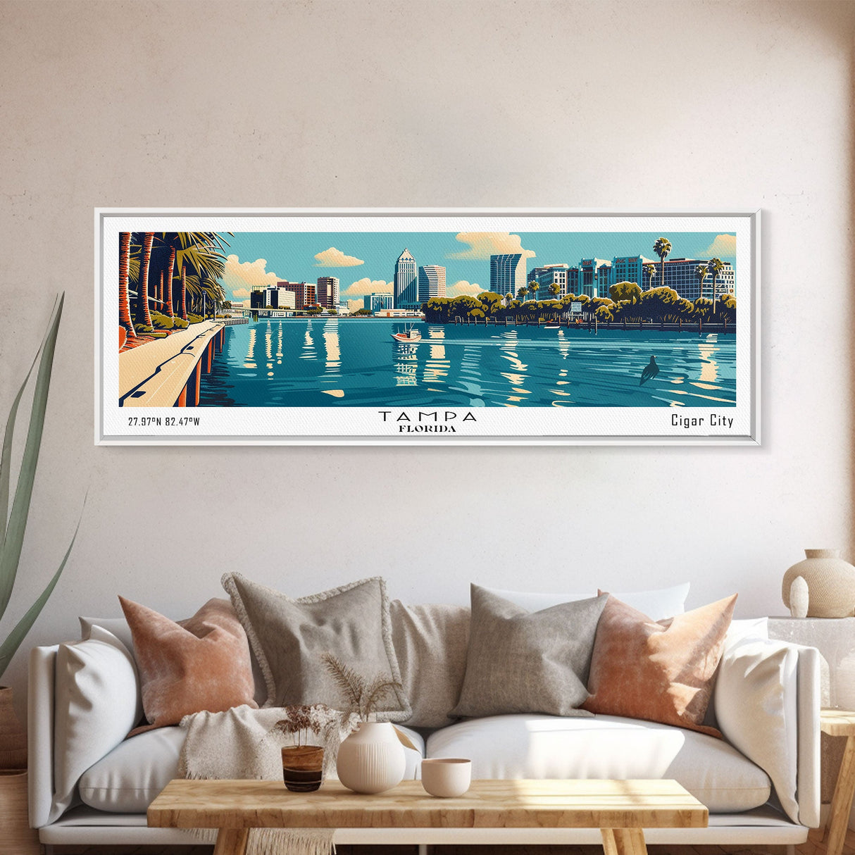 Tampa Florida Panoramic Wall Art, Mid Century Modern Framed Canvas Print, Retro Pop Art Cityscape, Travel Poster, Living Room Decor