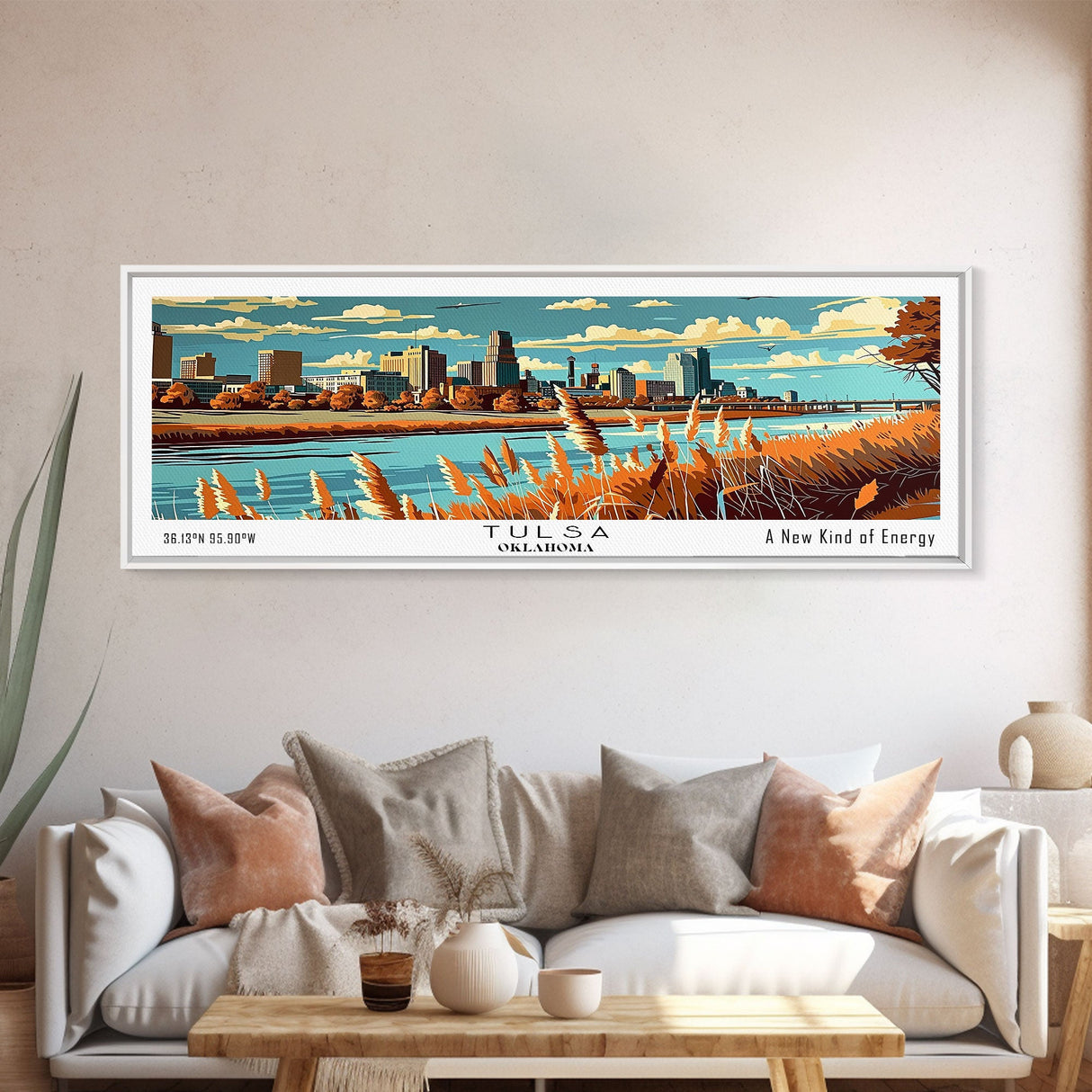 Tulsa Oklahoma Panoramic Wall Art, Mid Century Modern Framed Canvas Print, Retro Pop Art Travel Poster, Cityscape Decor, Office Wall Art