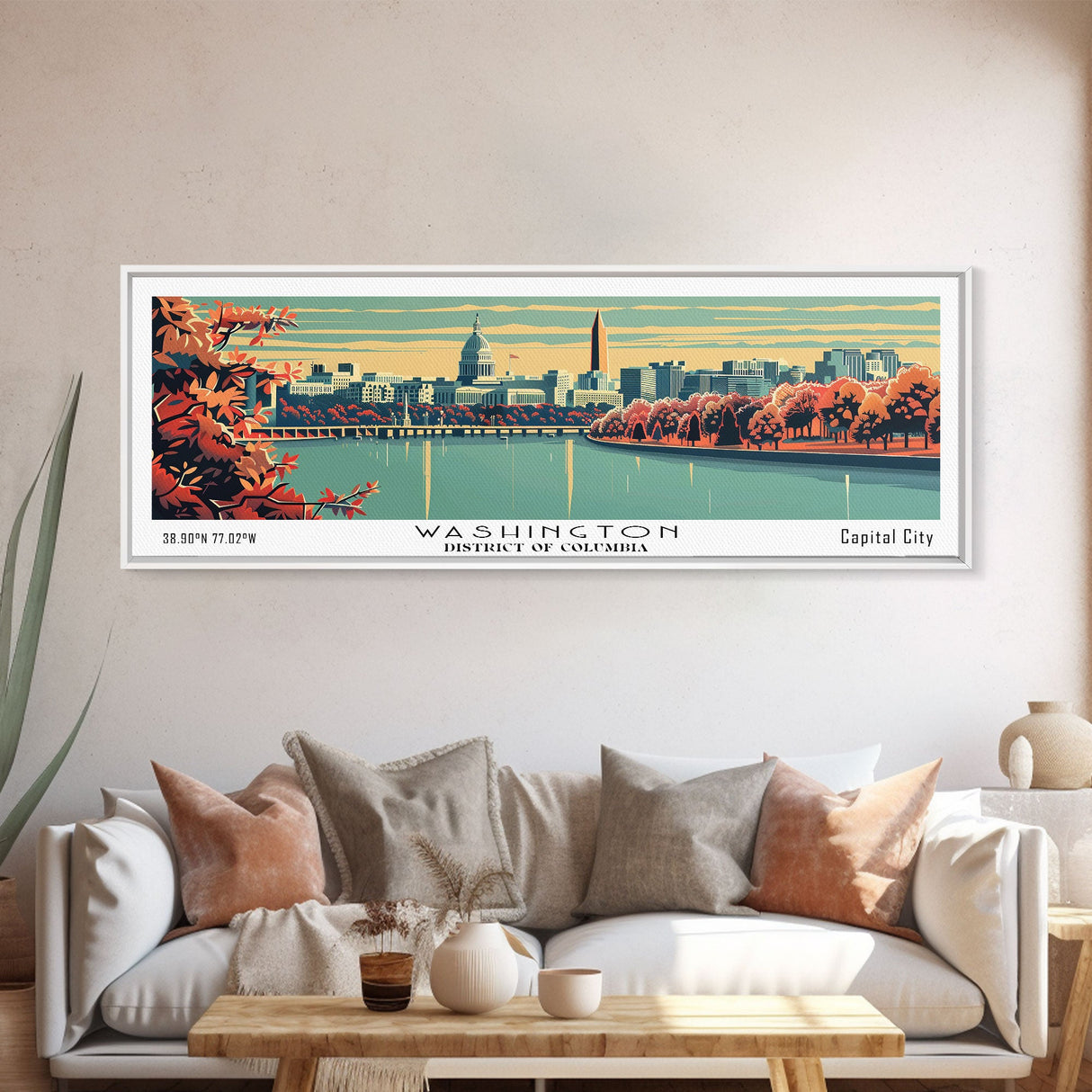 Washington DC Panoramic Wall Art, Mid Century Modern Framed Canvas Print, Retro Pop Art Travel Poster, Cityscape Decor, Office Wall Art