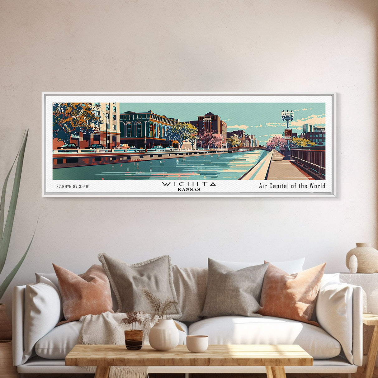 Wichita Kansas Panoramic Wall Art, Mid Century Modern Framed Canvas Print, Retro Pop Art Travel Poster, Cityscape Decor, Office Wall Art