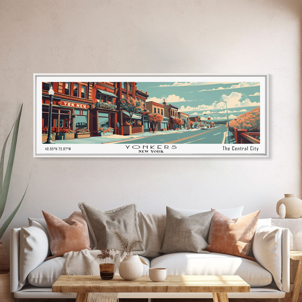 Yonkers New York Panoramic Wall Art, Mid Century Modern Framed Canvas Print, Retro Pop Art Travel Poster, Cityscape Decor, Office Wall Art